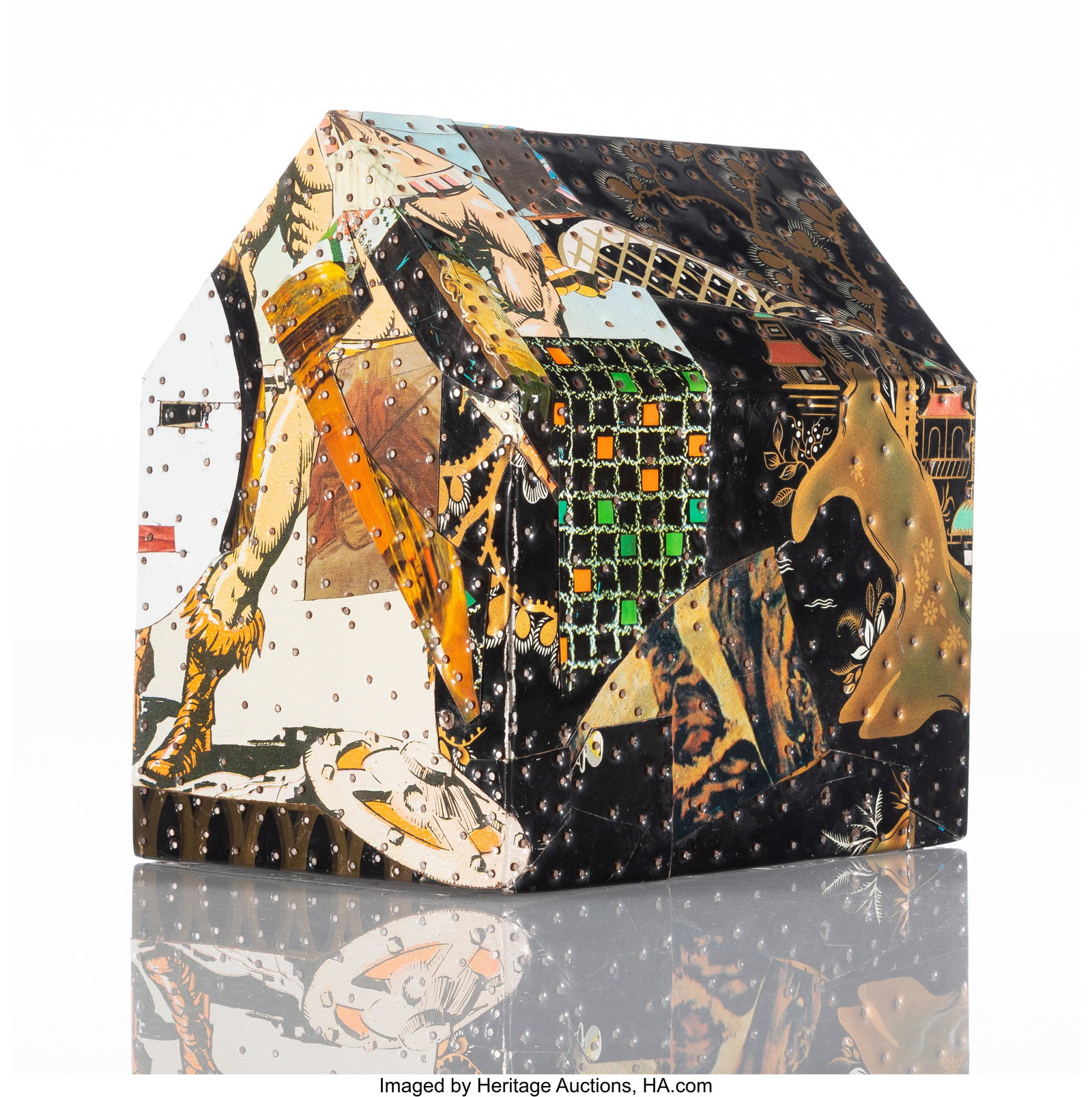 Tony Berlant (b. 1941) Ginza Printed metal colla: Tony Berlant (b. 1941) Ginza Printed metal collage on wood with steel brads 7 x 4-7/8 x 7 inches (17.8 x 12.4 x 17.8 cm) Property from a Southern Ca