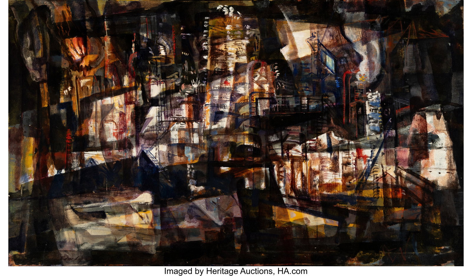 Edward L. Loper Sr. (1916-2011) Refinery Oil on : Edward L. Loper Sr. (1916-2011) Refinery Oil on canvas 28 x 48 inches (71.1 x 121.9 cm) Signed lower left: Edw Loper Titled on stretcher: Re