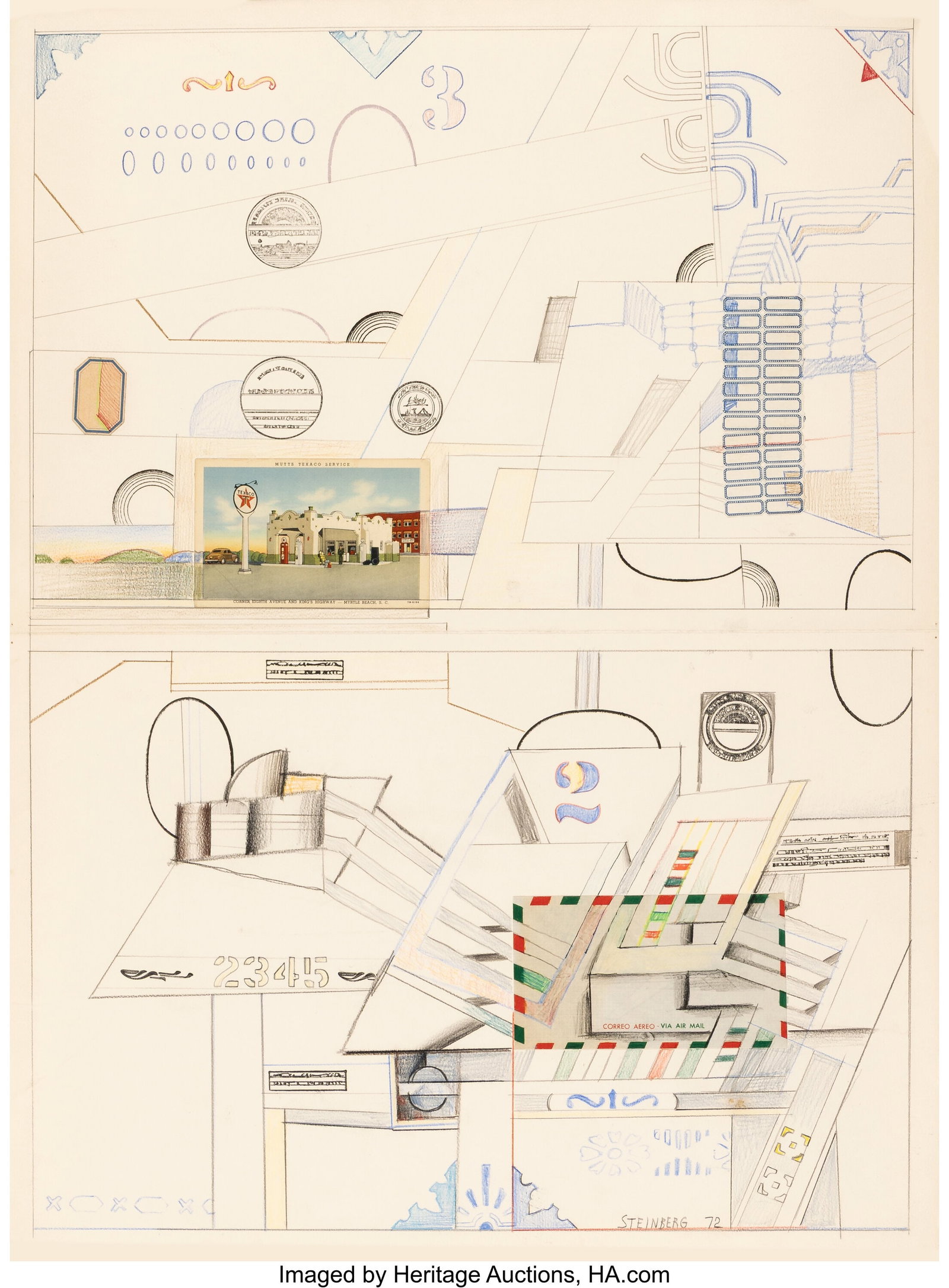 Saul Steinberg (1914-1999) Cadavre Exquis, 1972 : Saul Steinberg (1914-1999) Cadavre Exquis, 1972 Mixed media and collage on paper 30 x 22-1/4 inches (76.2 x 56.5 cm) (sheet) Signed and dated lowe