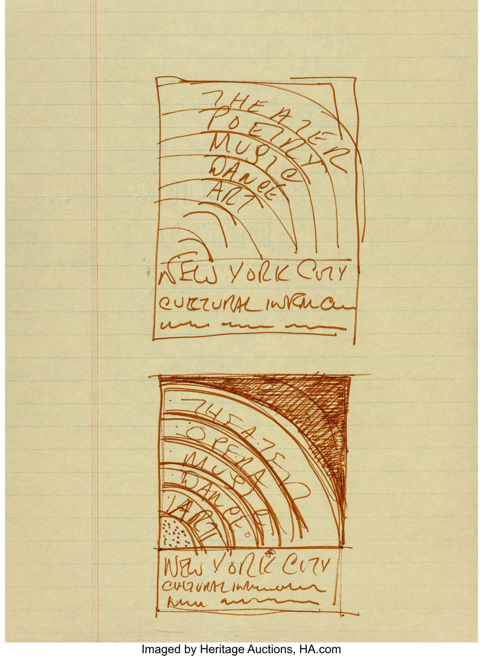 Robert Indiana (1928-2018) Five preliminary draw: Robert Indiana (1928-2018) Five preliminary drawings for New York City Center 25th Anniversary poster, 1968 Ink on legal pad paper 12-3/8 x 8 inches (31.4 x 20.3