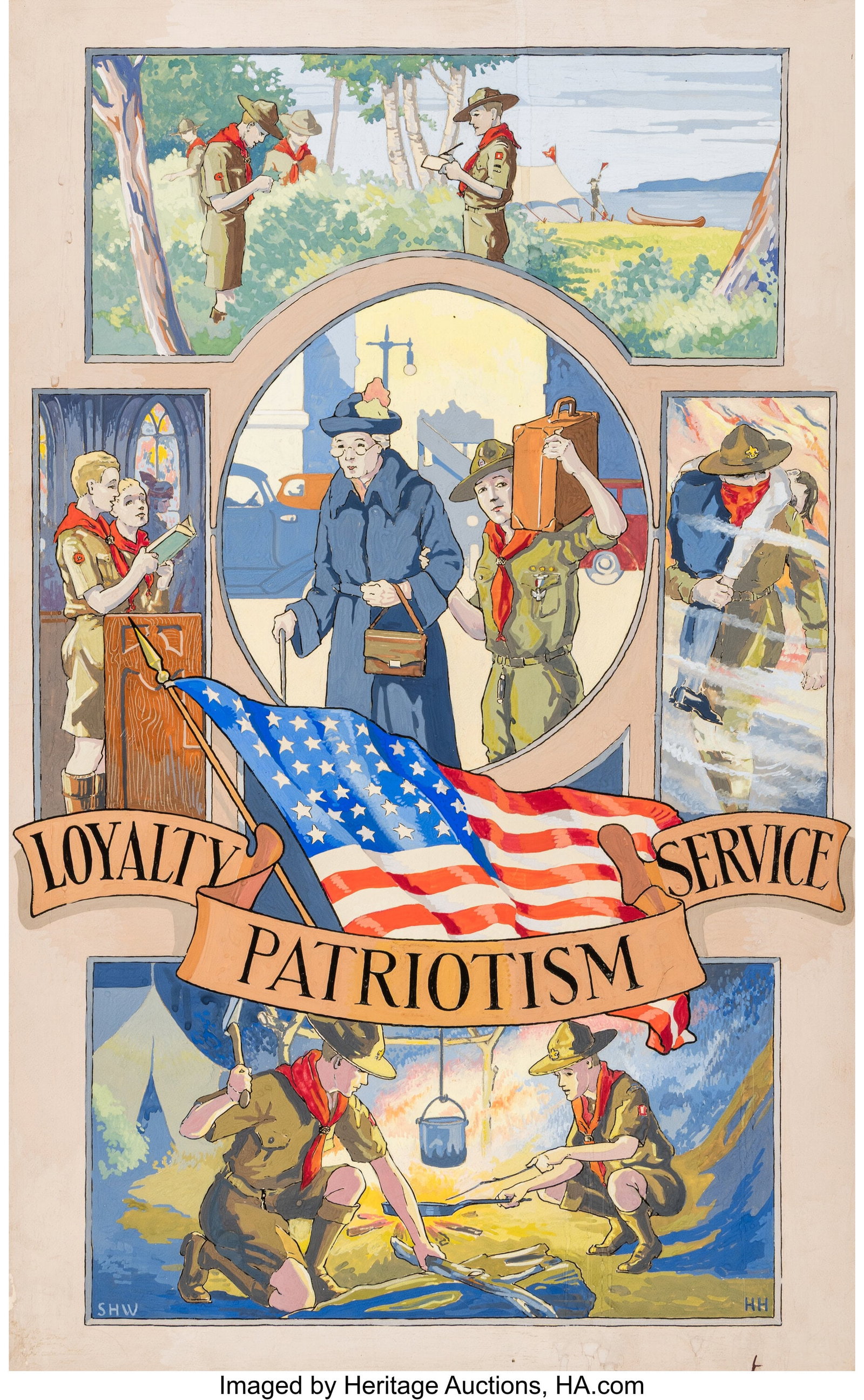 Hy (John Henry) Hintermeister (American, 1870-19: Hy (John Henry) Hintermeister (American, 1870-1945) Loyalty, Patriotism, Service, circa 1939 Gouache on paper laid on board 27 x 18 inches (68.6