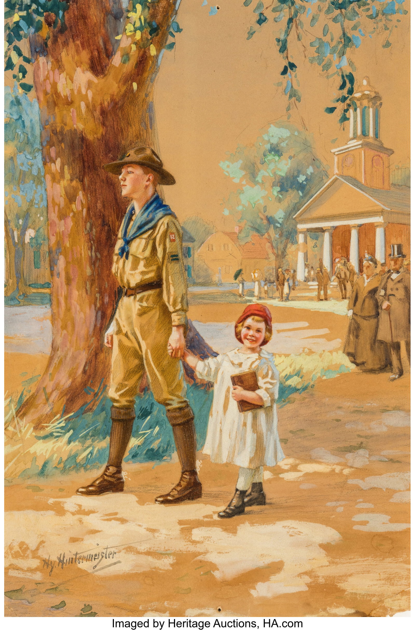 Hy (Henry) Hintermeister (American, 1897-1970) A: Hy (Henry) Hintermeister (American, 1897-1970) A Scout is Reverent, circa 1920s Gouache and charcoal on paper laid on board 14-5/8 x 9-3/4 inches (37&perio