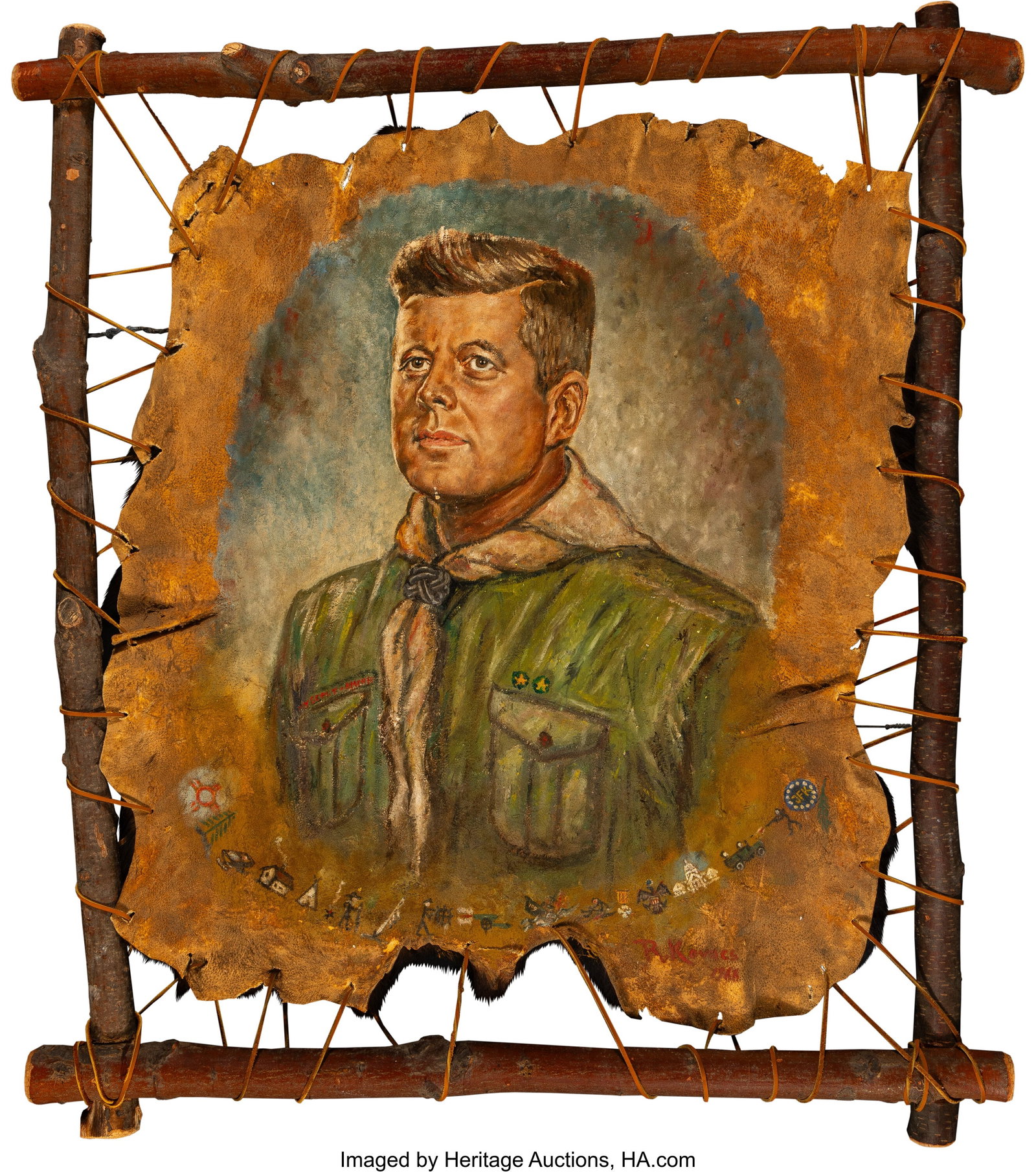 Bob Kovacs (American, 20th Century) Portrait of : Bob Kovacs (American, 20th Century) Portrait of John F. Kennedy as a Boy Scout, 1966 Acrylic on hide 35 x 30 inches (88.9 x 76.2 cm) Signed lower r