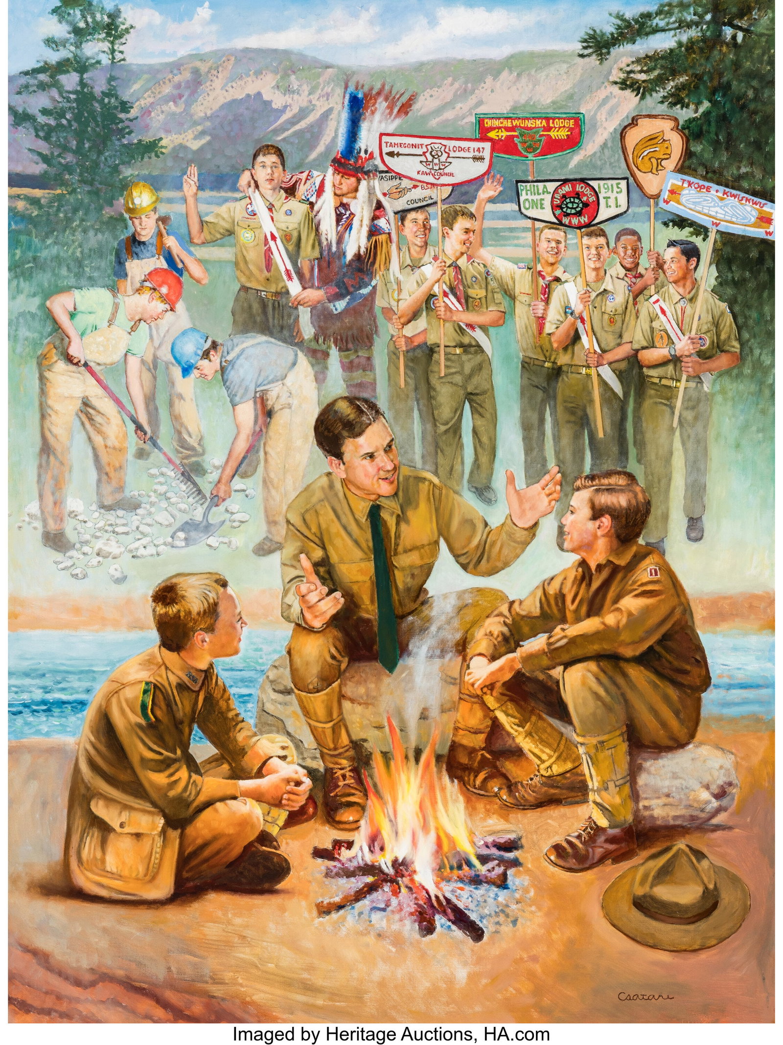Joseph Csatari (American, 1929-2025) 100th Anniv: Joseph Csatari (American, 1929-2025) 100th Anniversary of the Order of the Arrow, 2012 Oil on canvas 40 x 30 inches (101.6 x 76.2 cm) Signed lower right&c