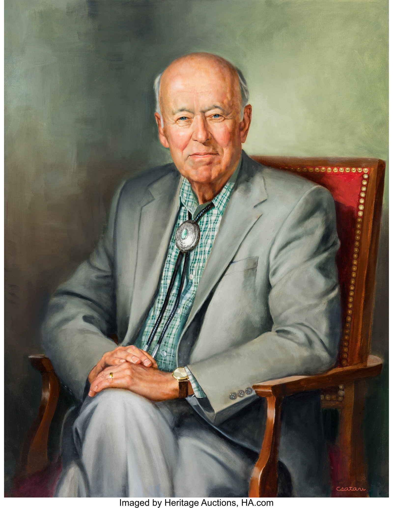 Joseph Csatari (American, 1929-2025) Portrait of: Joseph Csatari (American, 1929-2025) Portrait of Stephen D. Bechtel Jr. Oil on canvas 38-1/2 x 30 inches (97.8 x 76.2 cm) Signed lower right&c