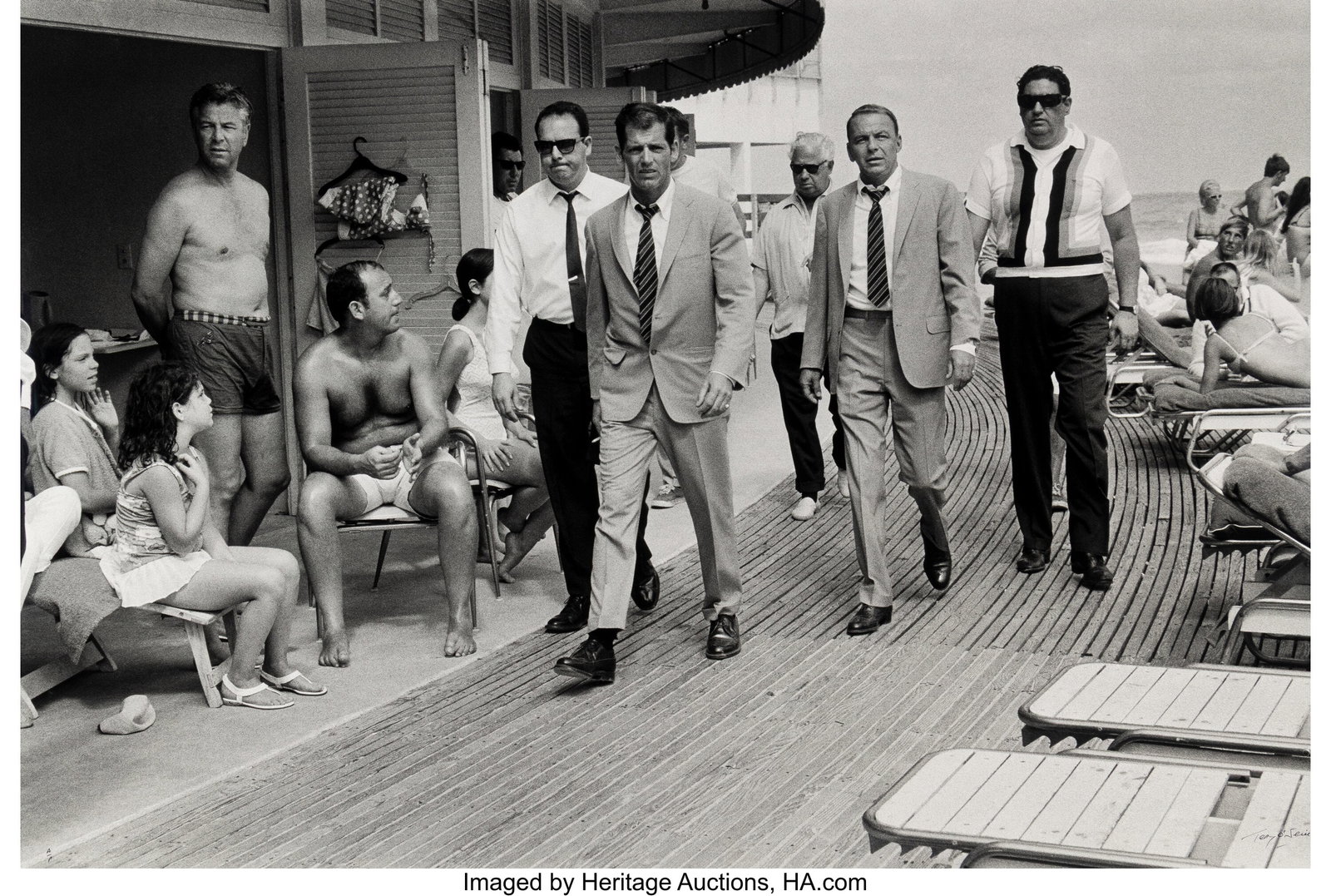 Terry O'Neill (British, 1938-2019) Frank Sinatra: Terry O'Neill (British, 1938-2019) Frank Sinatra and Body Guards, Fontainebleau, Miami Beach, 1968 Oversized gelatin silver print, printed later 40 x 59-1/2