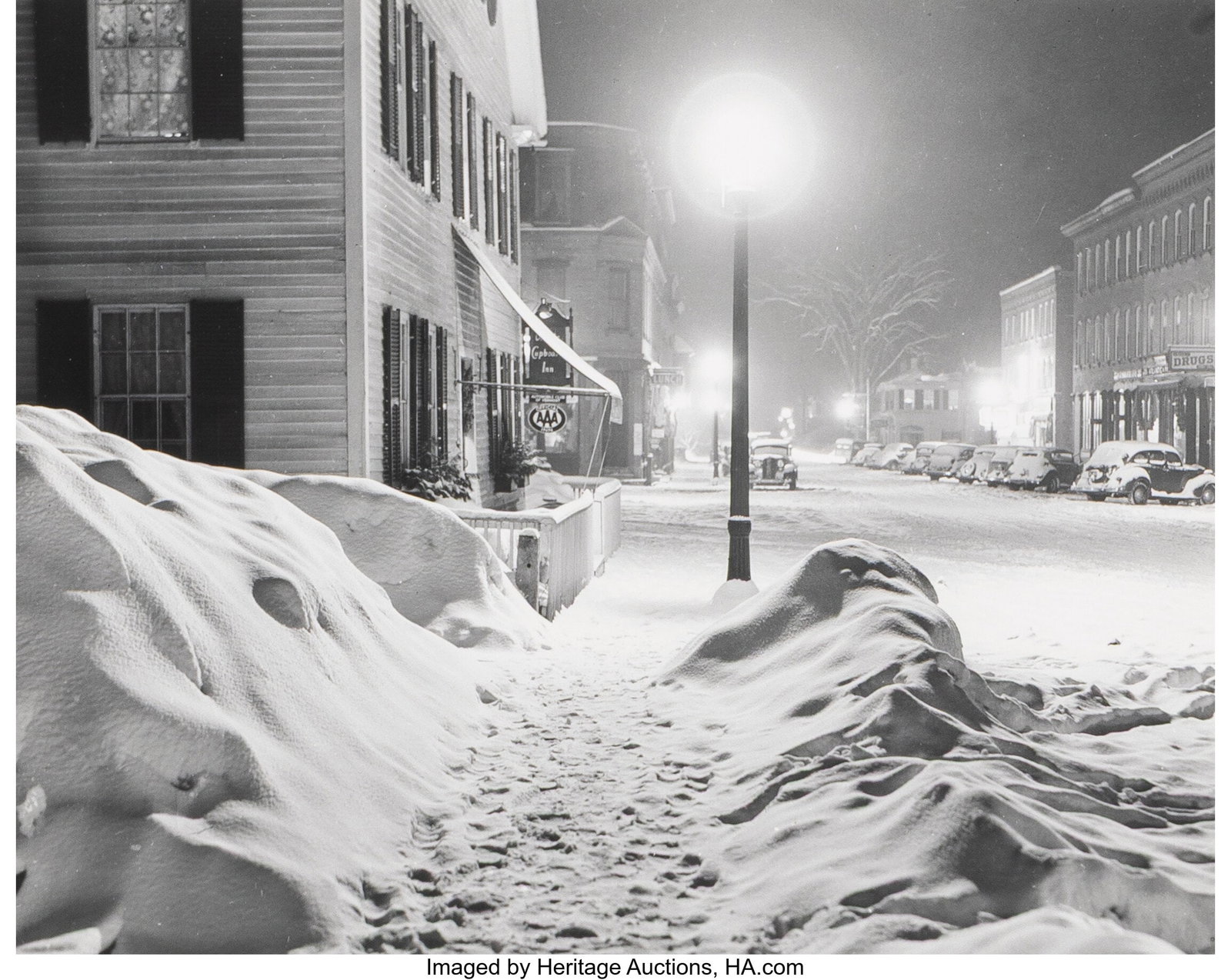 Marion Post Wolcott (American, 1910-1990) Snowy : Marion Post Wolcott (American, 1910-1990) Snowy Night, Woodstock, Vermont, 1940 Gelatin silver print, printed later, ferrotyped 7-3/4 x 9-1/2 inch