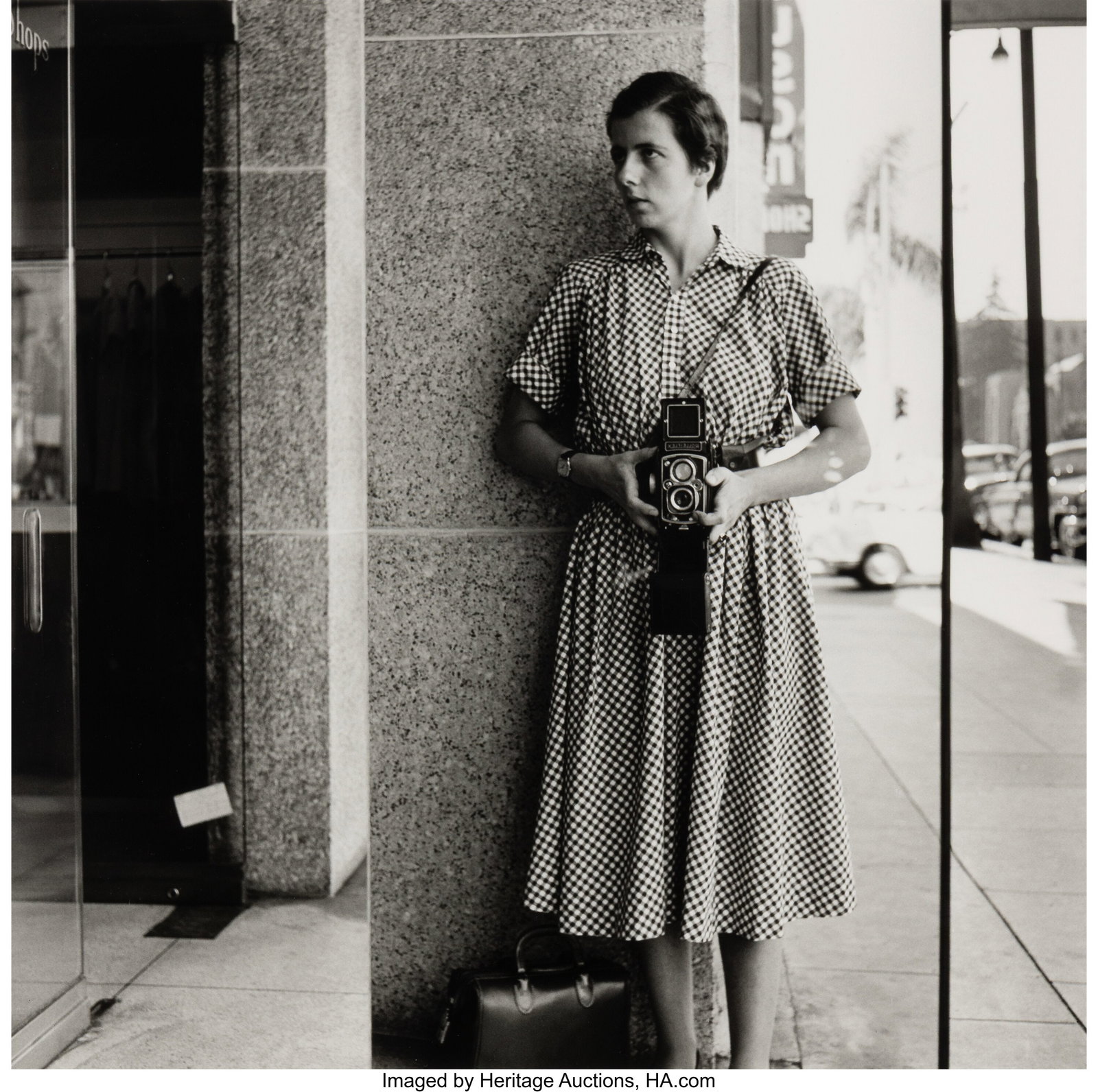 Vivian Maier (American, 1926-2009) Self Portrait: Vivian Maier (American, 1926-2009) Self Portrait in Checkered Dress, 1955 Gelatin silver print, printed 2012 by Ron Gordon and Sandra Steinbrecher 12 x 12 inches (30&p