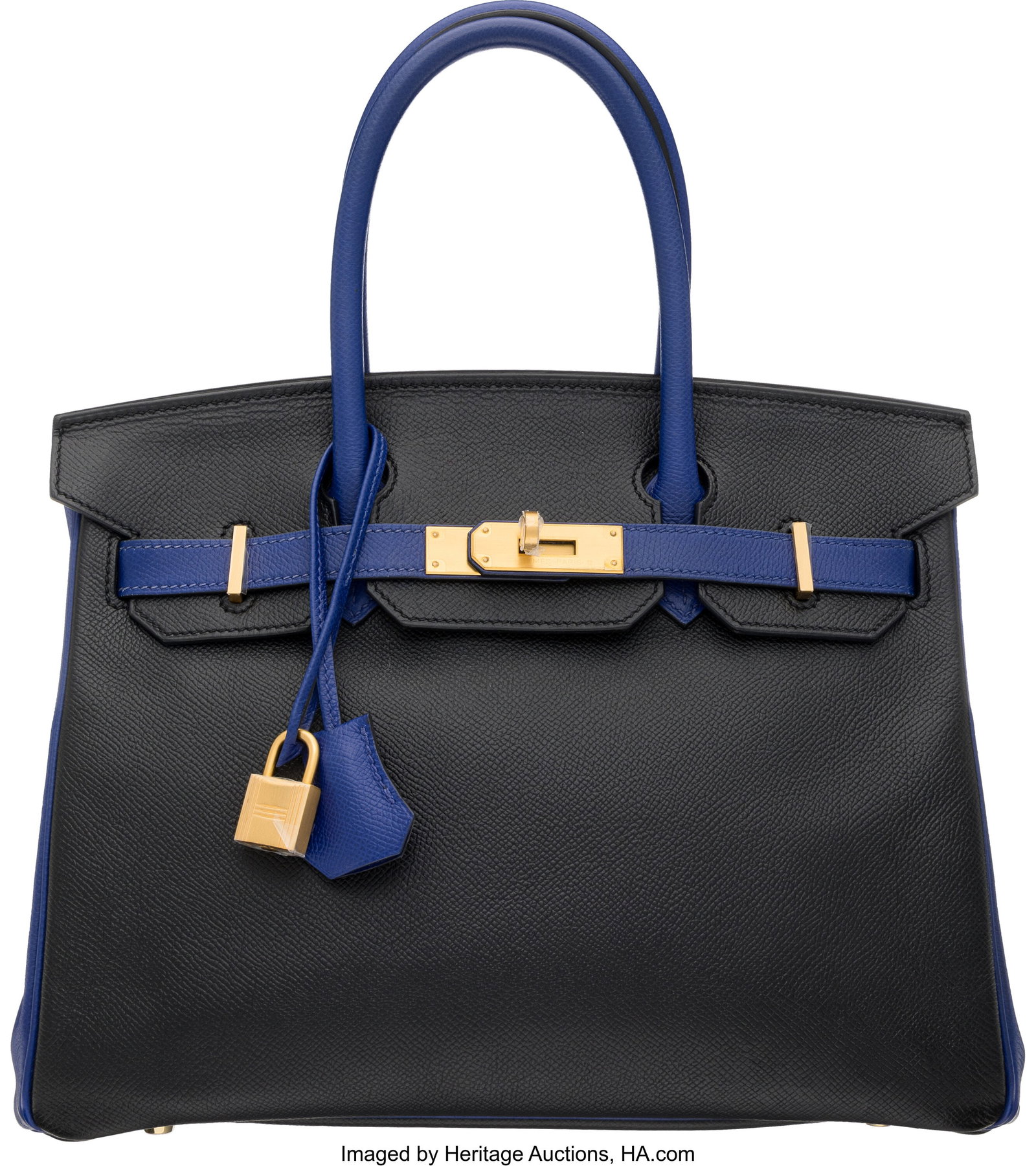 Hermès Special Order Horseshoe 30cm Black & Ble: Hermès Special Order Horseshoe 30cm Black & Bleu Electrique Epsom Leather Birkin Bag with Brushed Gold Hardware X, 2016 Condition: 2 11.5" Width x 8.5" Height x 6"