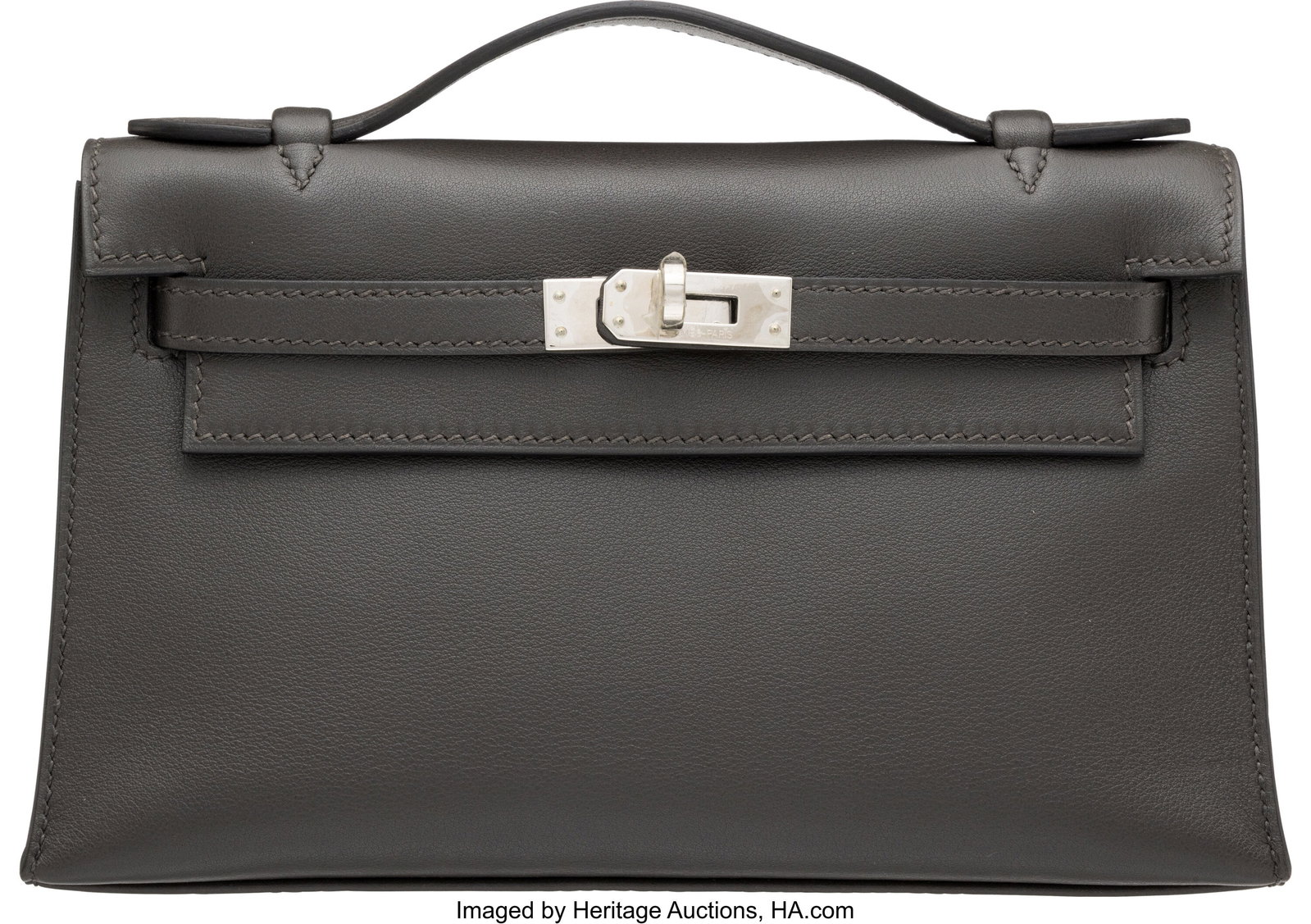 Hermès Graphite Swift Leather Kelly Pochette wi: Hermès Graphite Swift Leather Kelly Pochette with Palladium Hardware O Square, 2011 Condition: 1 8.5" Width x 5" Height x 2.5" Depth This bag is done in Graphite Swift