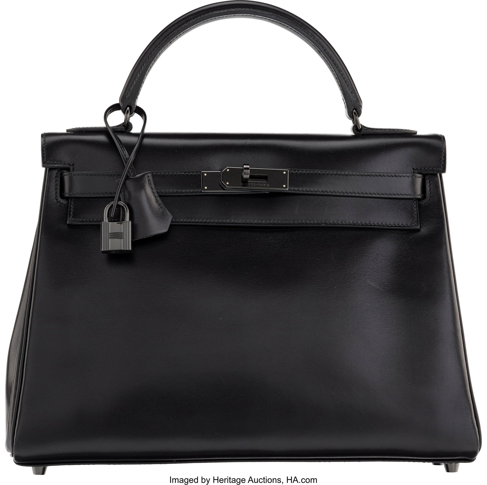 Hermès Limited Edition 32cm So Black Box Calf K: Hermès Limited Edition 32cm So Black Box Calf Kelly Retourne Bag with PVD Hardware O Square, 2011 Condition: 2 12.5" Width x 8" Height x 4.5" Depth This bag is done in