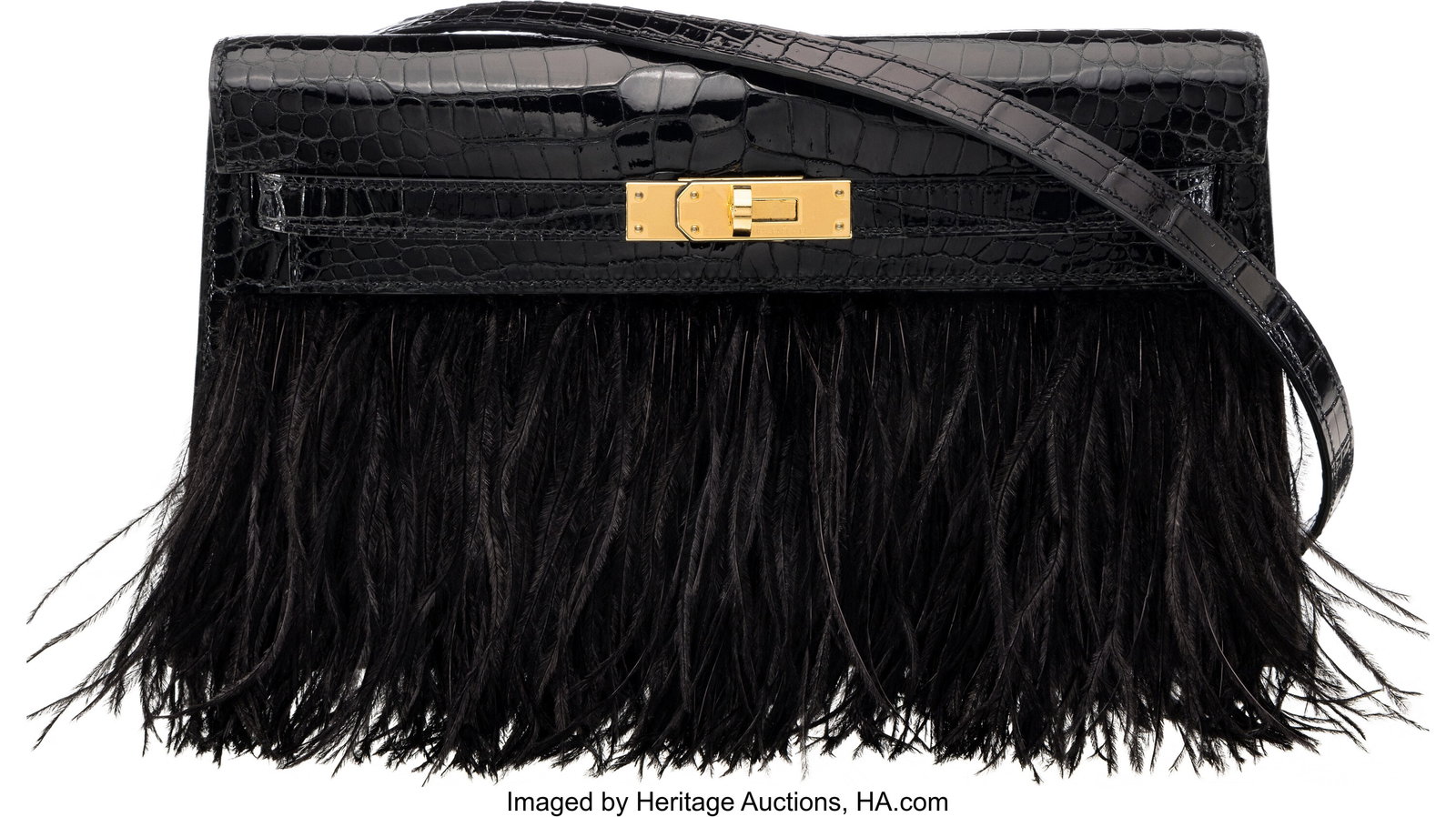 Hermès Shiny Black Porosus Crocodile & Ostrich : Hermès Shiny Black Porosus Crocodile & Ostrich Feather Folie Kelly Elan with Gold Hardware B, 2023 Condition: 2 11" Width x 6" Height x 1.5" Depth This bag is done in Shi