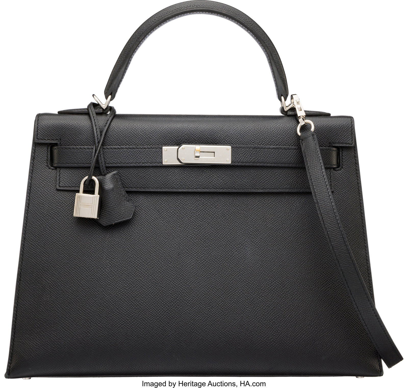 Hermès 32cm Black Epsom Leather Kelly Sellier B: Hermès 32cm Black Epsom Leather Kelly Sellier Bag with Palladium Hardware C, 2018 Condition: 3 12.5" Width x 10" Height x 4.5" Depth This bag is done in Black Epsom Le