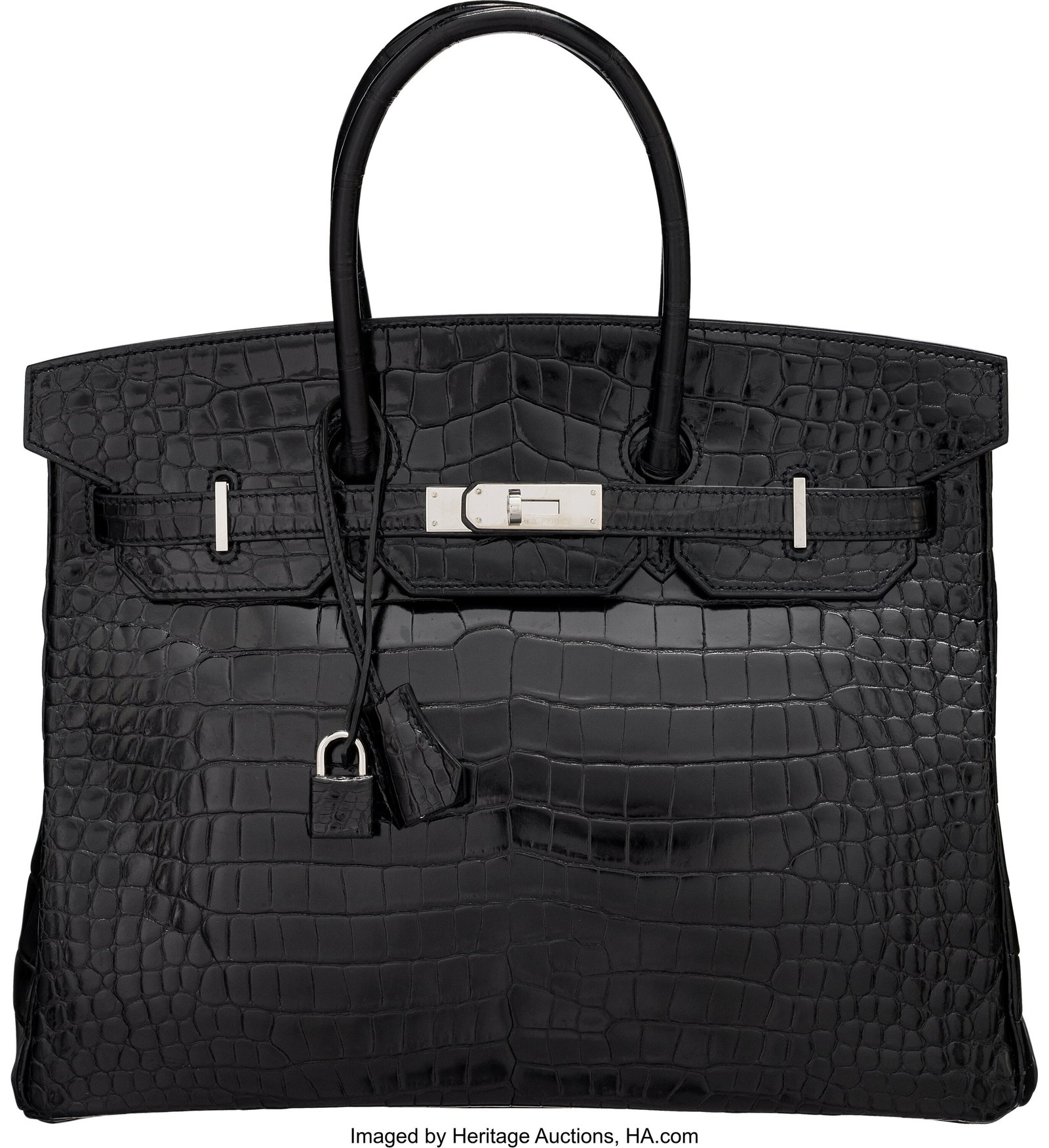 Hermès 35cm Shiny Black Porosus Crocodile Birki: Hermès 35cm Shiny Black Porosus Crocodile Birkin Bag with Palladium Hardware R Square, 2014 Condition: 2 14" Width x 10" Height x 7" Depth This bag is done in Shiny Black Porosus Cr