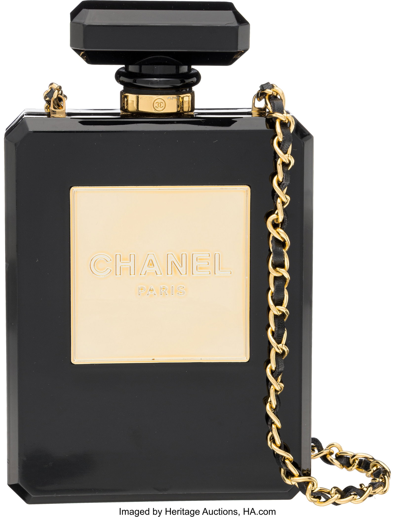 Chanel Black Lucite N°5 Perfume Bottle Minaudière with Gold Hardware: Chanel Black Lucite N°5 Perfume Bottle Minaudière with Gold Hardware Resort 2014 Condition: 3 5" Width x 8" Height x 1.5" Depth This bag is done in Black Plexiglass with Gold Hardware, featuring a w