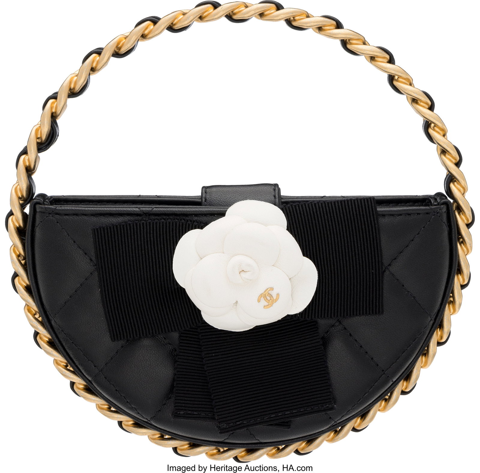 Chanel Black Quilted Lambskin Leather Round Came: Chanel Black Quilted Lambskin Leather Round Camellia Clutch with Aged Gold hardware Fall/Winter 2023 Condition: 1 5.75" Width x 5.75" Height x 0.5" Depth This clutch is 