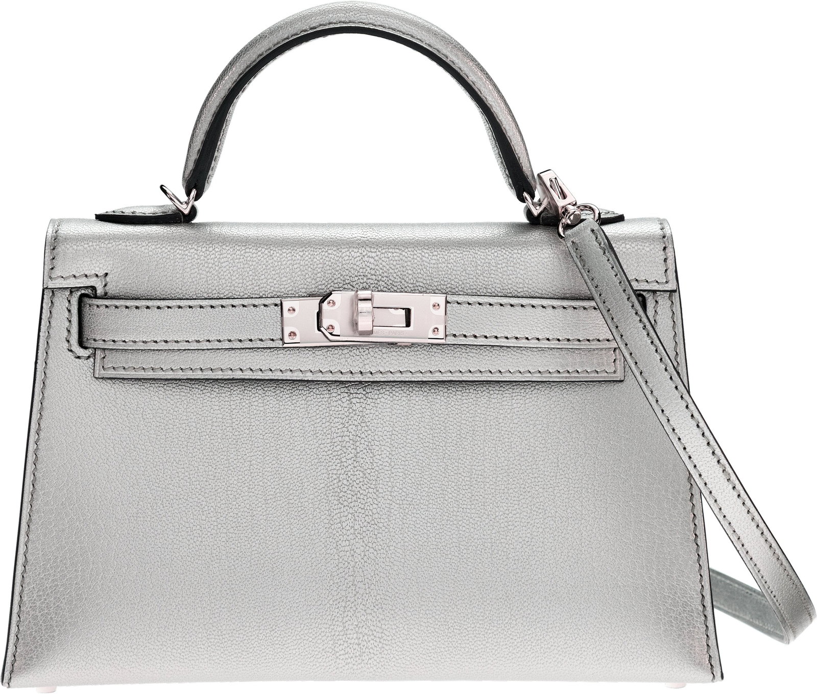 Hermès 20cm Metallic Argent Chevre Chamkilight : Hermès 20cm Metallic Argent Chevre Chamkilight Leather Mini Kelly with Palladium Hardware K, 2025 Condition: 1 7.5" Width x 5" Height x 2" Depth This bag is done in Metallic 