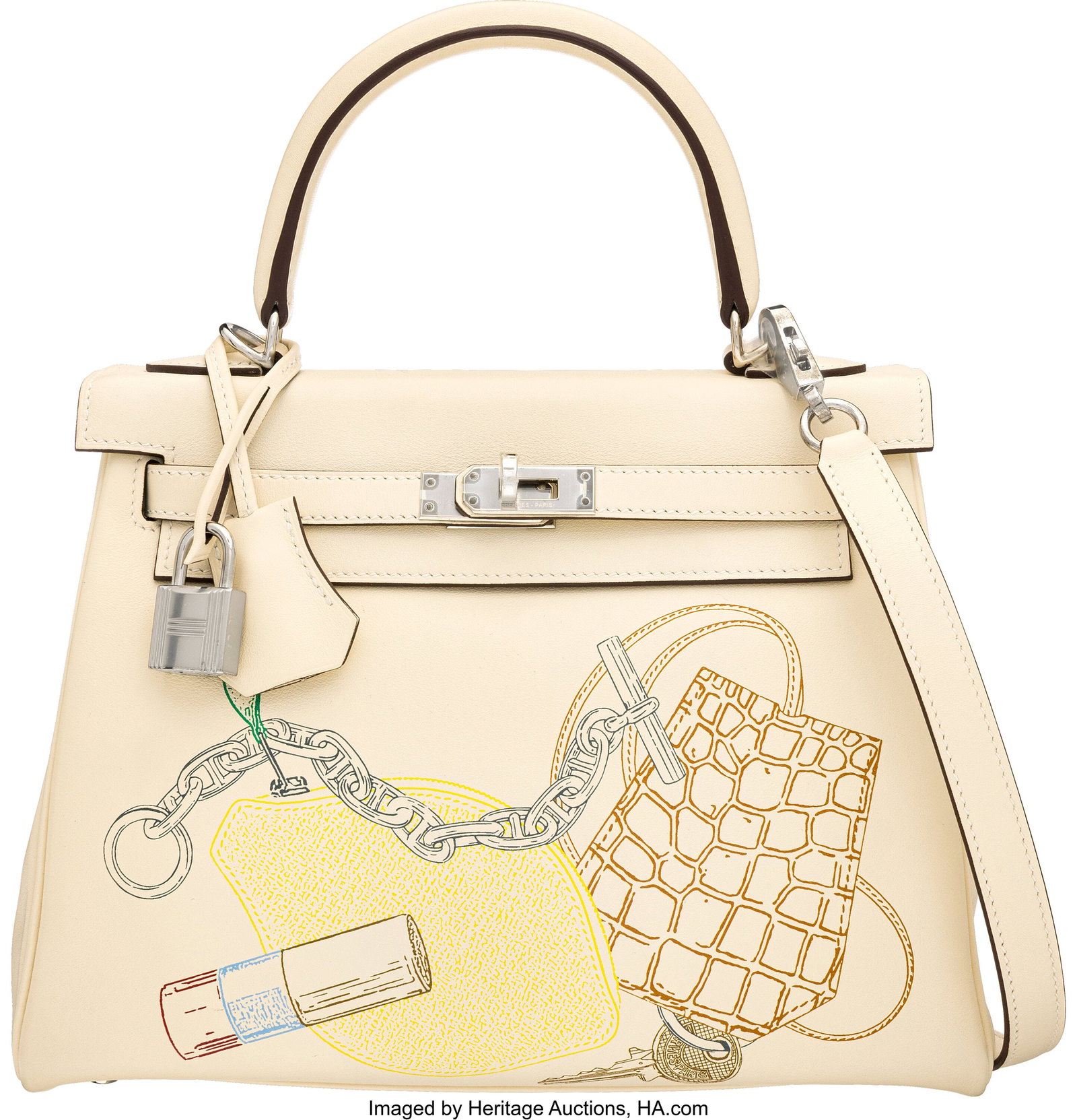 Hermès 25cm Nata Swift Leather In and Out Kelly: Hermès 25cm Nata Swift Leather In and Out Kelly Retourne Bag with Palladium Hardware Z, 2021 Condition: 1 9" Width x 7.5" Height x 4" Depth This bag is done in Nata Swift Lea