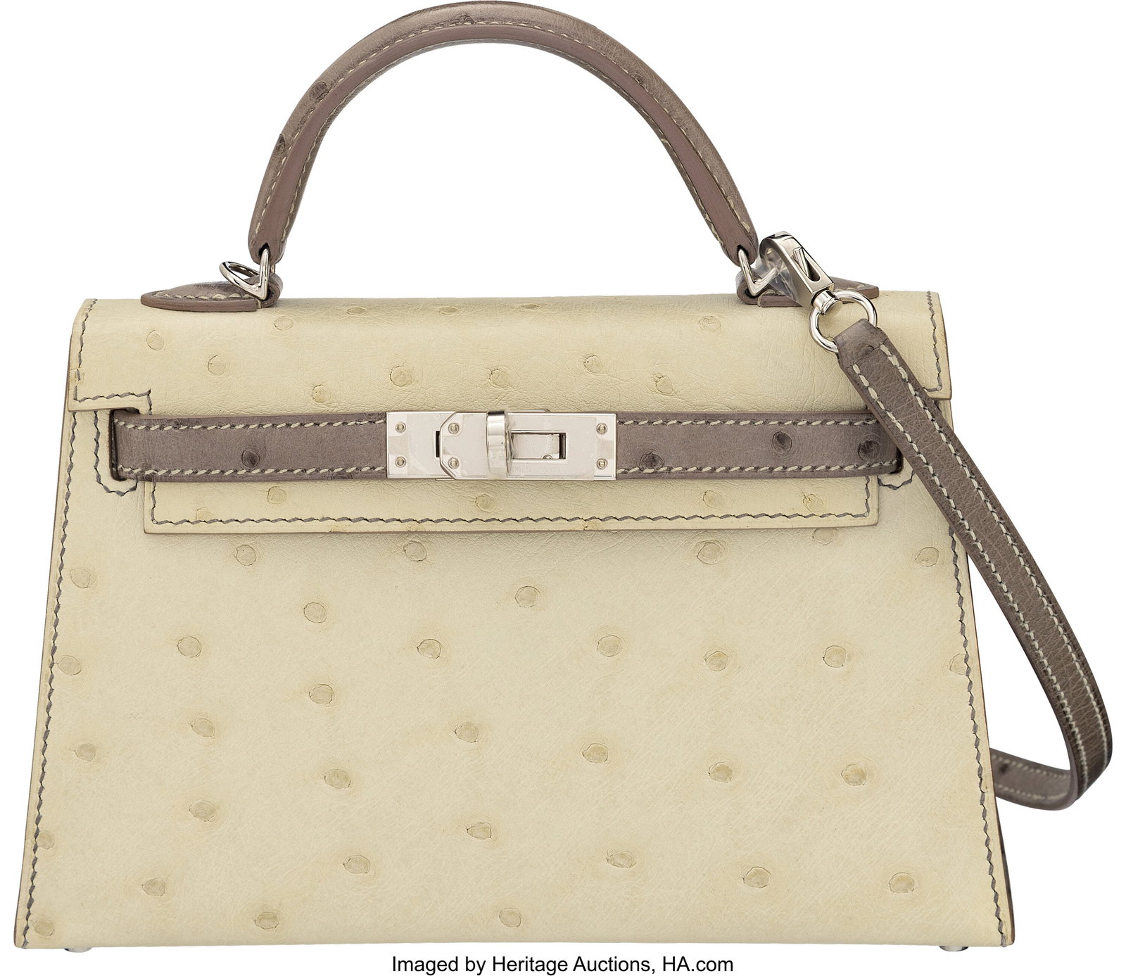 Hermès Special Order Horseshoe 20cm Beton & Gri: Hermès Special Order Horseshoe 20cm Beton & Gris Tourterelle Ostrich Mini Kelly with Palladium Hardware B, 2023 Condition: 1 7.5" Width x 5" Height x 2.25" Depth T