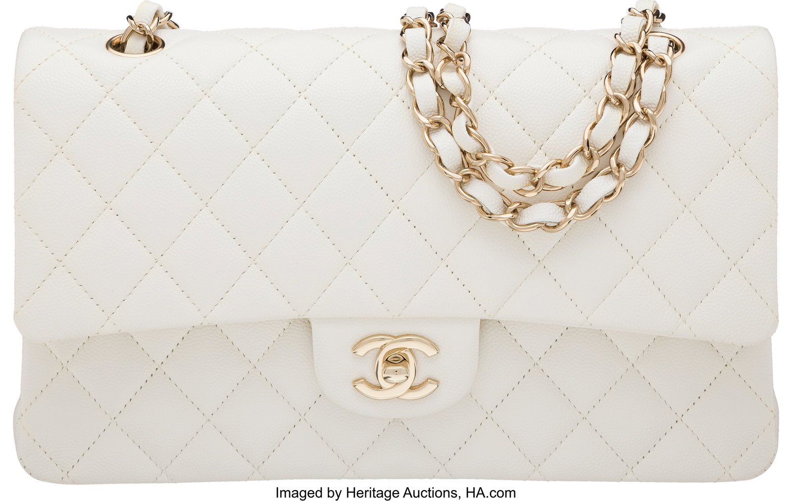 Chanel White Quilted Caviar Leather Medium Class: Chanel White Quilted Caviar Leather Medium Classic Double Flap Bag with Light Gold Hardware Condition: 1 10" Width x 6" Height x 2.5" Depth This bag is done in White Caviar Leather with L