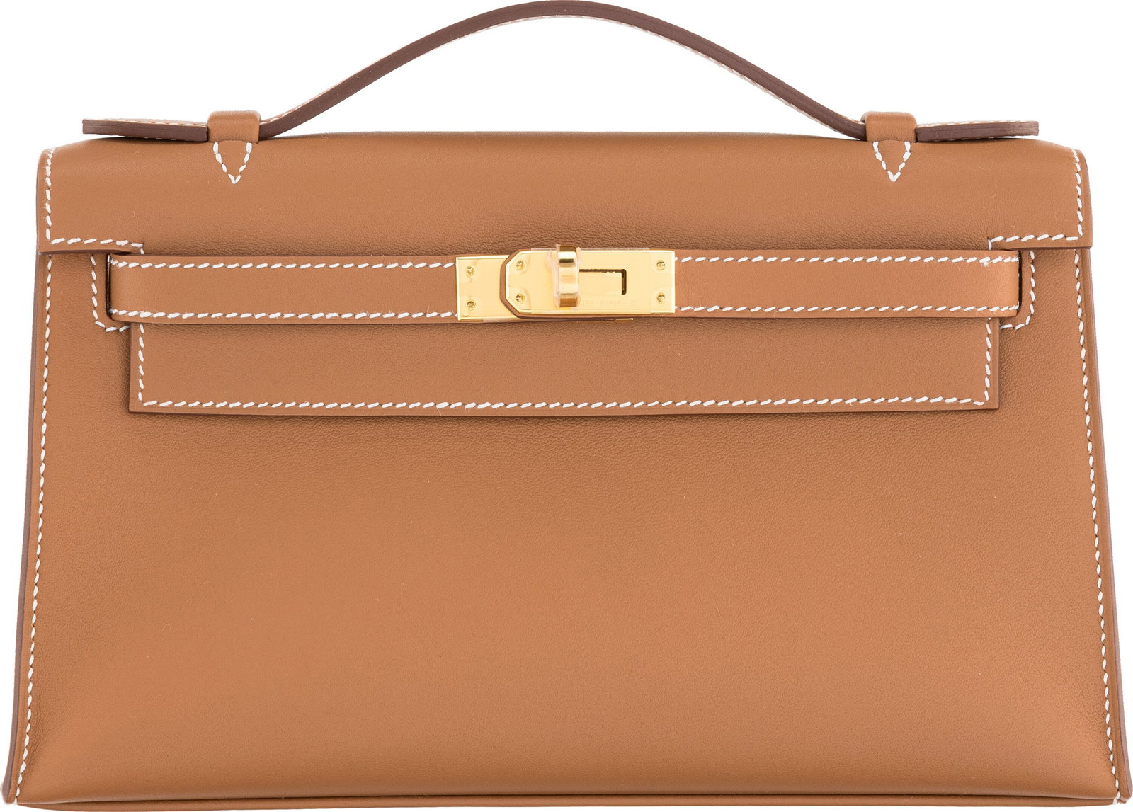 Hermès Gold Swift Leather Kelly Pochette with G: Hermès Gold Swift Leather Kelly Pochette with Gold Hardware K, 2025 Condition: 1 8.5" Width x 4.75" Height x 2.5" Depth This bag is done in Gold Swift Leather w