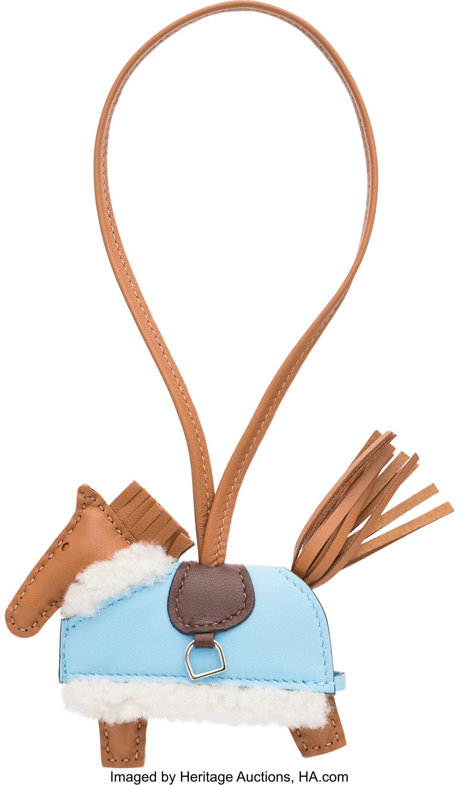 Hermès Gold & Bleu Celeste Milo Lambskin Leathe: Hermès Gold & Bleu Celeste Milo Lambskin Leather Rodeo Robeo Plush PM Charm G, 2026 Condition: 1 3.25" Width x 3" Height x 0.75" Depth This charm is done in Gold a