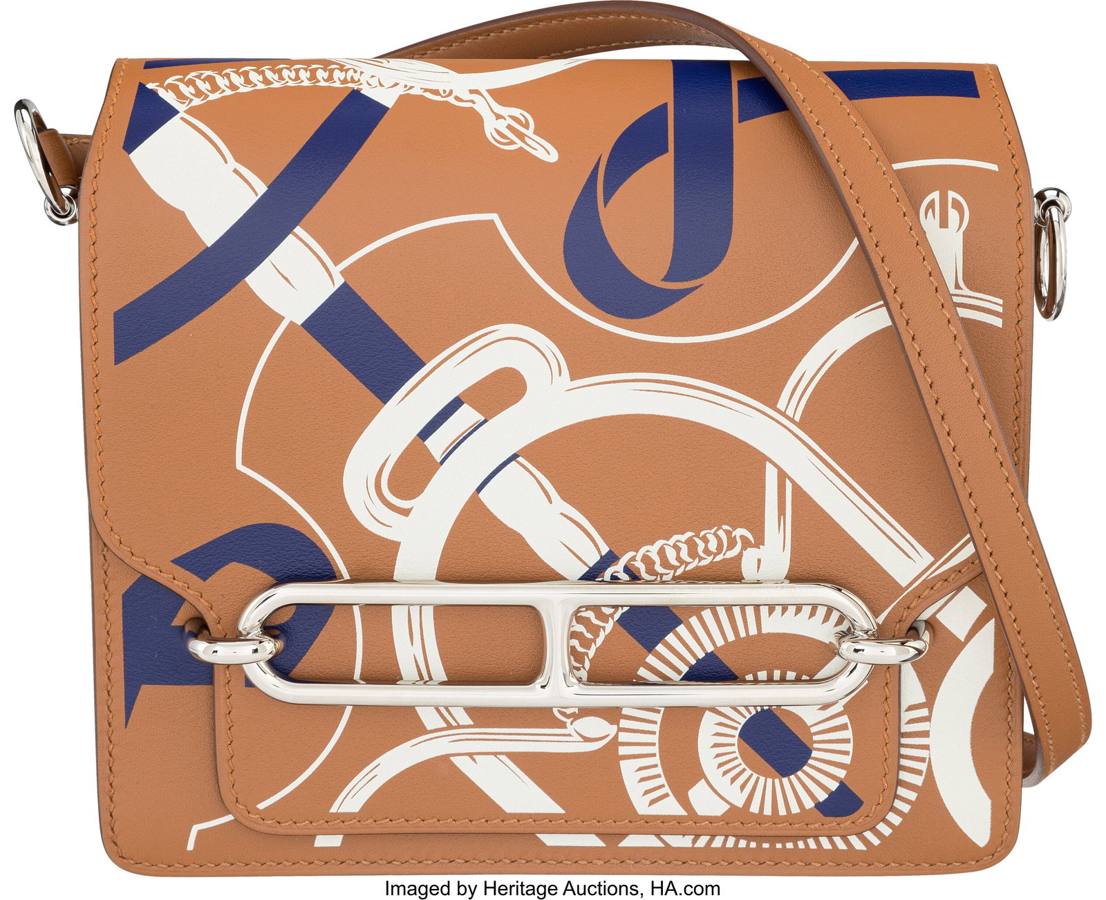 Hermès Limited Edition 18cm Gold, White, & Bleu: Hermès Limited Edition 18cm Gold, White, & Bleu Encre Swift Leather Éperon D'or Mini Roulis Bag with Palladium Hardware Y, 2020 Condition: 1 7" Width x 6" Hei