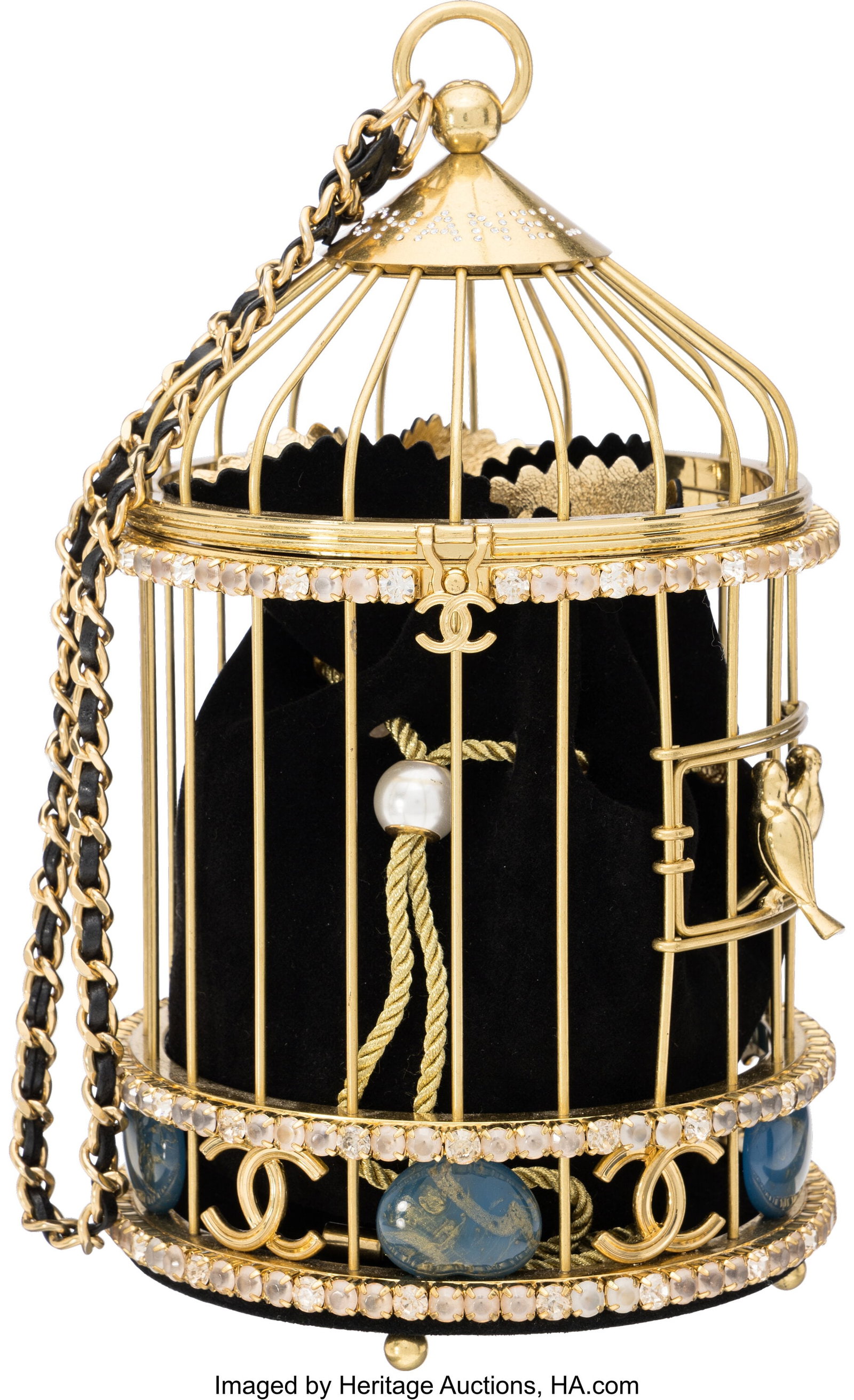 Chanel Gold Crystal & Enamel Birdcage Minaudièr: Chanel Gold Crystal & Enamel Birdcage Minaudière Métiers d'Art 2020 Condition: 1 5.25" Width x 9" Height x 5.25" Depth This bag is done in Gold Metal with Strass 