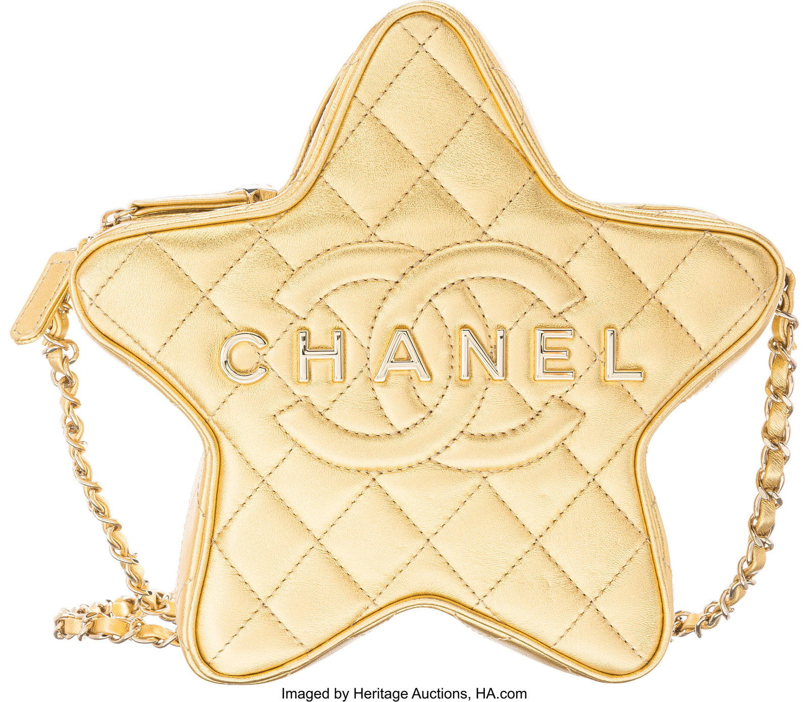 Chanel Metallic Gold Quilted Lambskin Leather Wa: Chanel Metallic Gold Quilted Lambskin Leather Walk Of Fame Star Bag with Gold Hardware Condition: 1 8.5" Width x 8.5" Height x 2.5" Depth This bag is done in Metallic Gold L