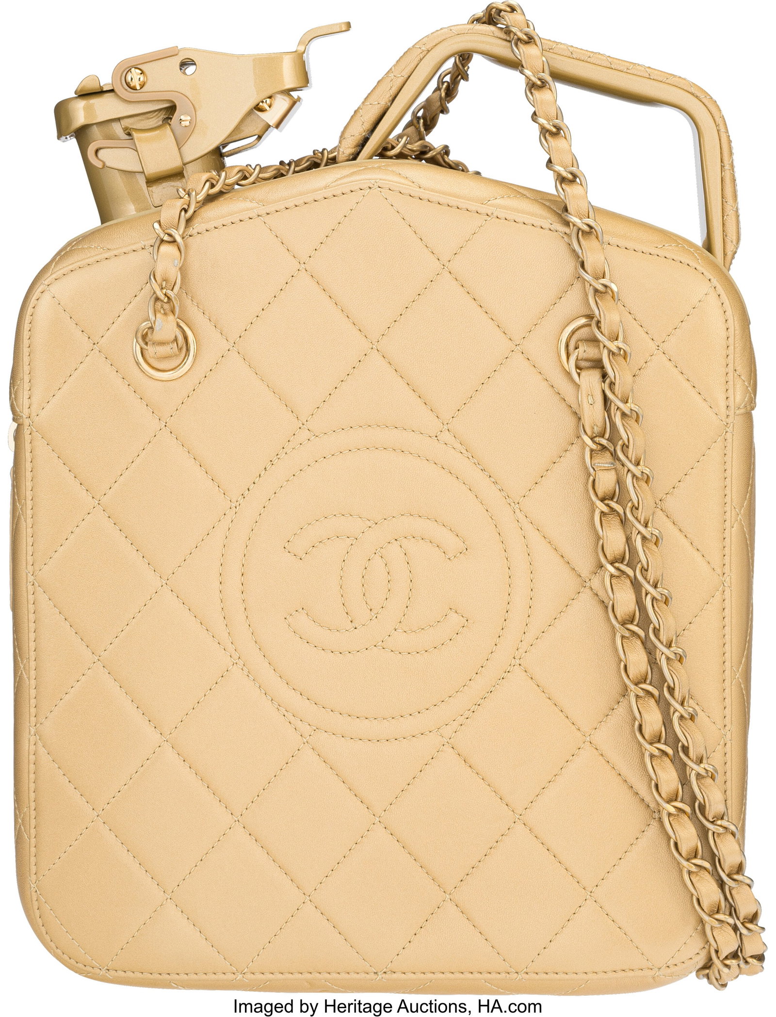 Chanel Paris-Dubai by Night Gold Quilted Lambski: Chanel Paris-Dubai by Night Gold Quilted Lambskin Leather Jerry Can Bag with Brushed Gold Hardware Cruise 2015 Condition: 2 9" Width x 10" Height x 6" Depth This bag is done in Gold Quilted Lamb