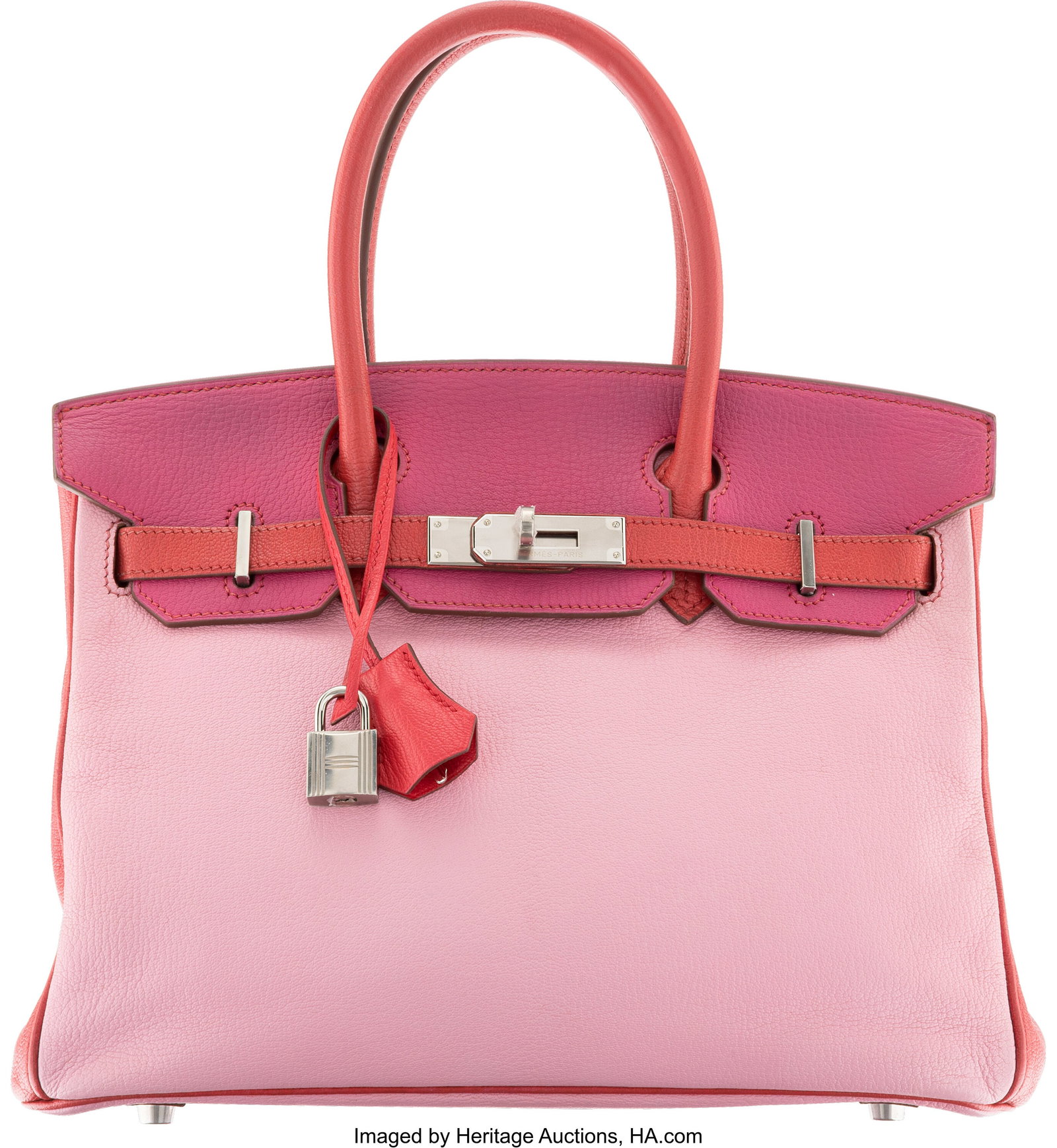 Hermès Special Order Horseshoe 30cm 5P Bubblegu: Hermès Special Order Horseshoe 30cm 5P Bubblegum Pink, Rose Shocking, & Bougainvillier Chevre Leather Birkin Bag with Palladium Hardware N Square, 2010 Condition: 3 