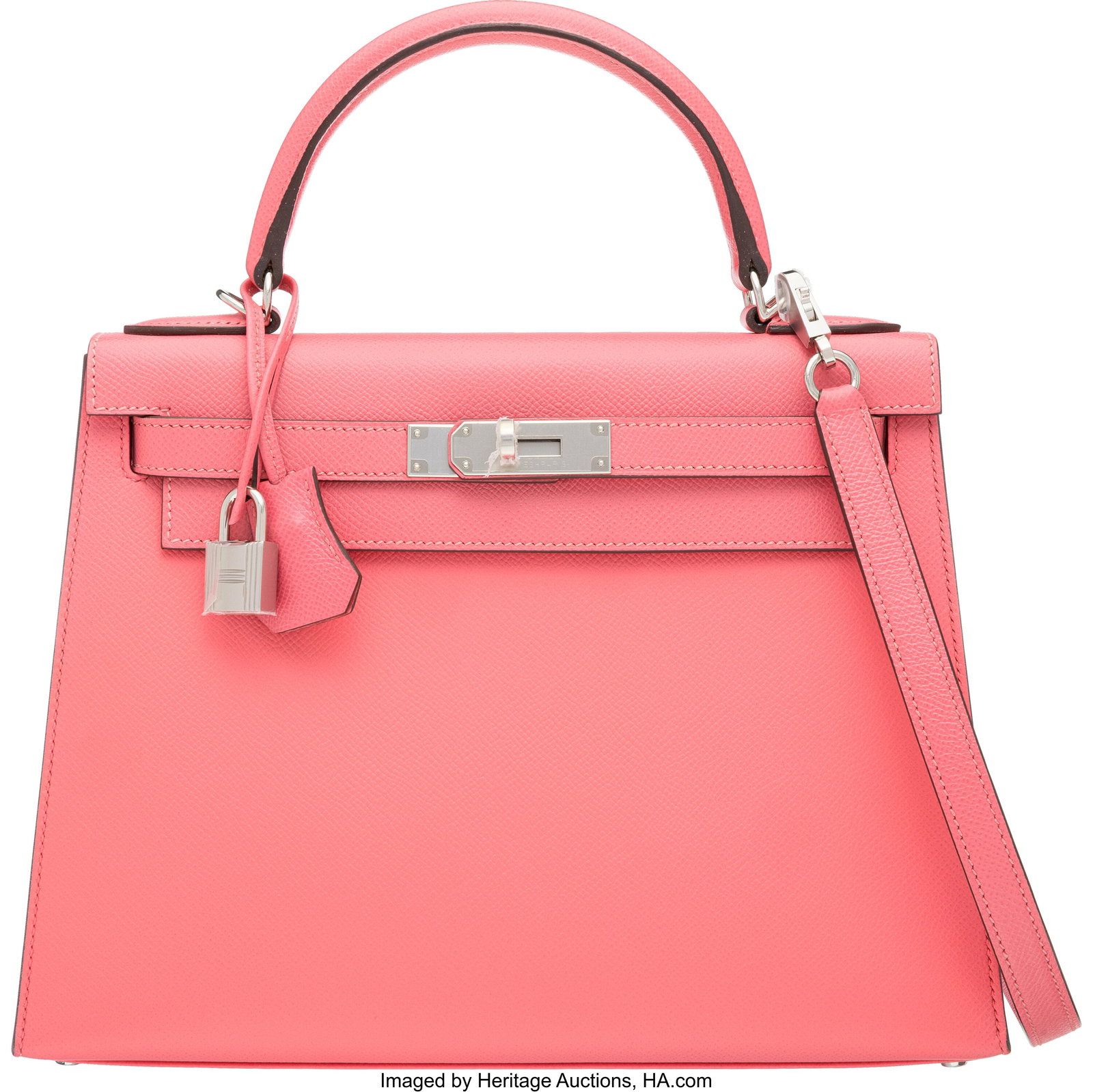 Hermès 28cm Rose Azalee Epsom Leather Kelly Sel: Hermès 28cm Rose Azalee Epsom Leather Kelly Sellier Bag with Palladium Hardware C, 2018 Condition: 1 11" Width x 8.5" Height x 4.5" Depth This bag is done in Rose Azal