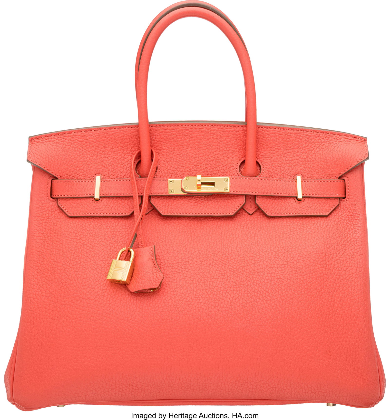 Hermès 35cm Rose Jaipur Clemence Leather Birkin: Hermès 35cm Rose Jaipur Clemence Leather Birkin Bag with Gold Hardware R Square, 2014 Condition: 2 14" Width x 10" Height x 7" Depth This bag is done in Rose Jaipur Clemence Leather