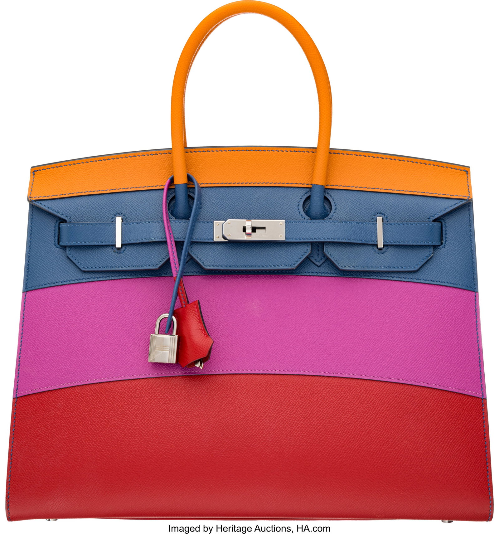 Hermès Limited Edition 35cm Abricot, Blue Agate: Hermès Limited Edition 35cm Abricot, Blue Agate, Magnolia, & Rouge Casaque Epsom Leather Rainbow Sunset Birkin Sellier Bag with Palladium Hardware Y, 2020 Condition&