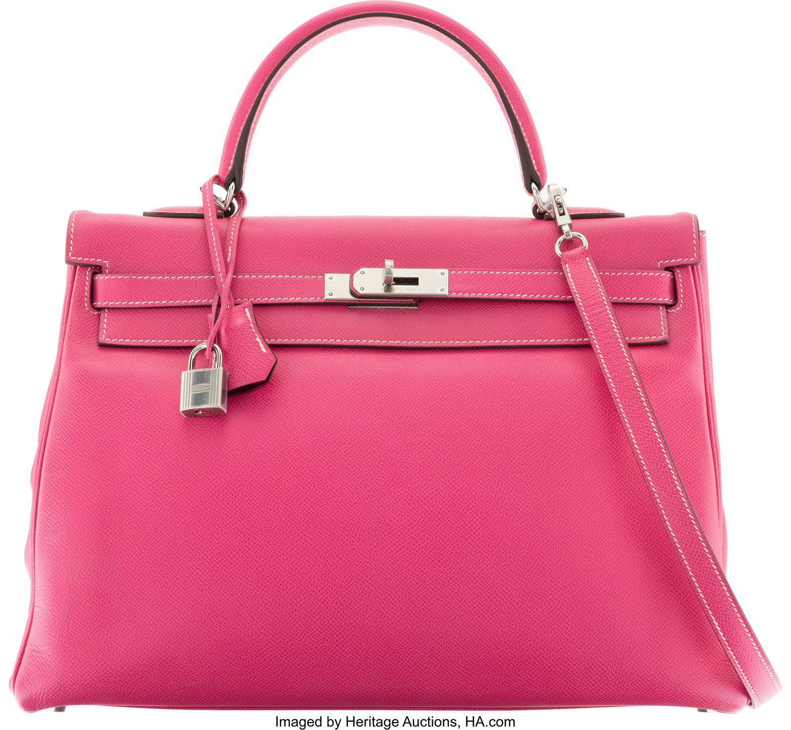 Hermès Candy Collection 35cm Rose Tyrien & Rubi: Hermès Candy Collection 35cm Rose Tyrien & Rubis Epsom Leather Kelly Retourne Bag with Palladium Hardware O Square, 2011 Condition: 3 13.5" Width x 10" Height x 5" Depth 