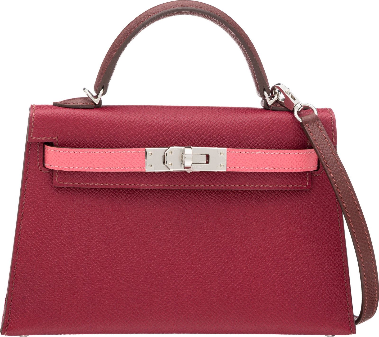 Hermès Special Order Horseshoe Rubis, Rose Azal: Hermès Special Order Horseshoe Rubis, Rose Azalee, & Rouge H Epsom Leather Mini Kelly with Palladium Hardware K, 2025 Condition: 1 7.5" Width x 5" Height x 2"