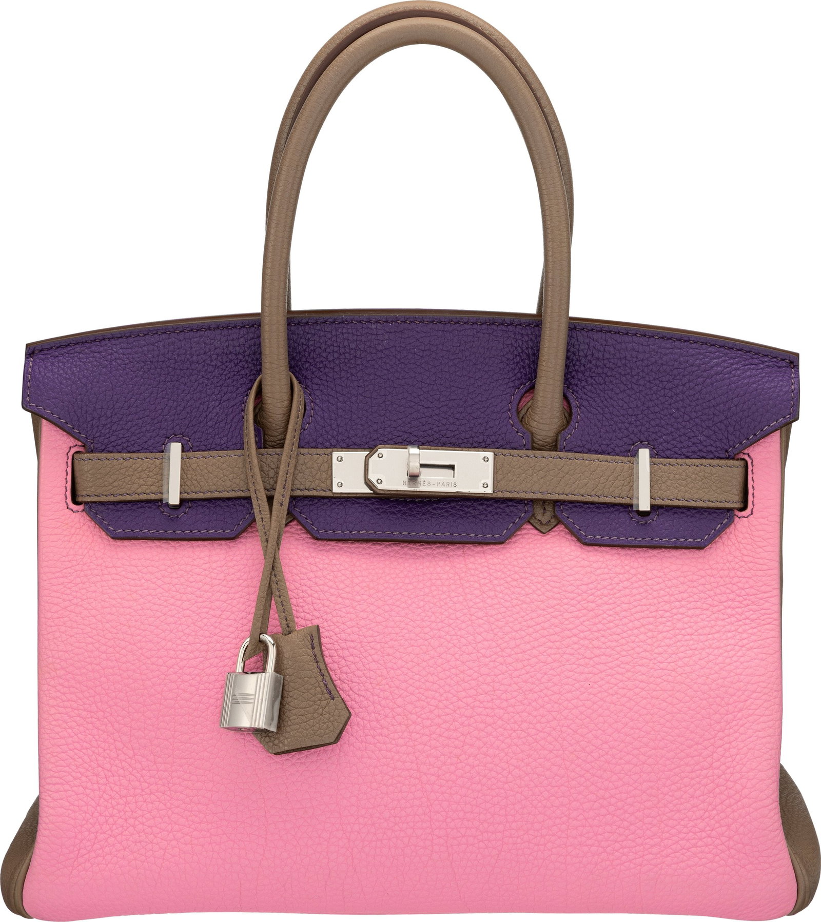 Hermès Special Order Horseshoe 30cm 5P Bubblegu: Hermès Special Order Horseshoe 30cm 5P Bubblegum, Iris, & Etoupe Togo Leather Birkin Bag with Palladium Hardware O Square, 2011 Condition: 1 12" Width x 8.5" 