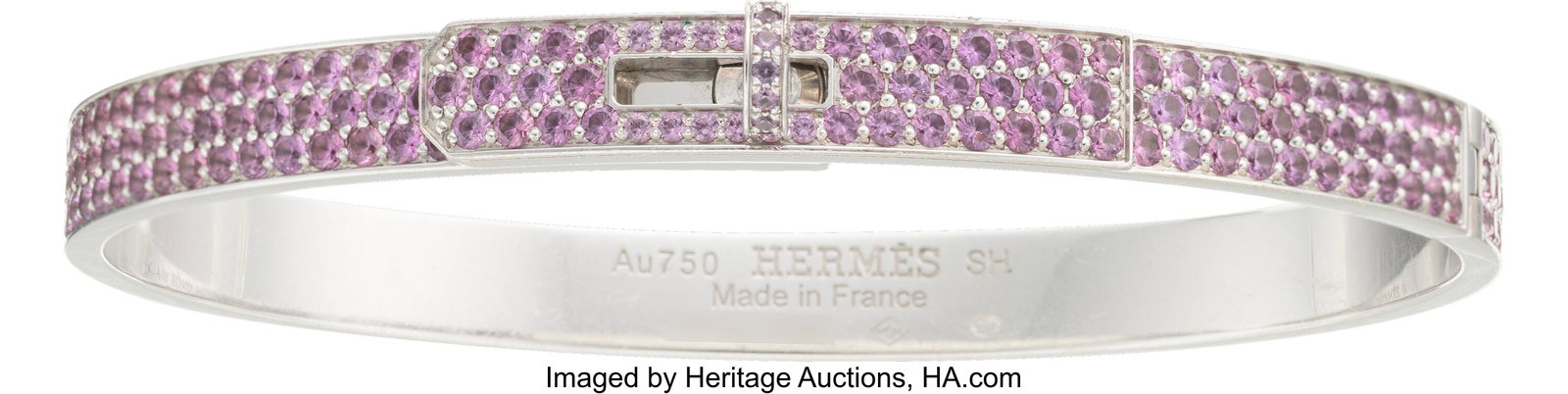 Hermès 18K White Gold Full Pavé Pink Sapphire : Hermès 18K White Gold Full Pavé Pink Sapphire Kelly Bracelet, Small Model Condition: 2 Designer Size SH This bracelet is done in 18K White Gold, featuring pave-set pink