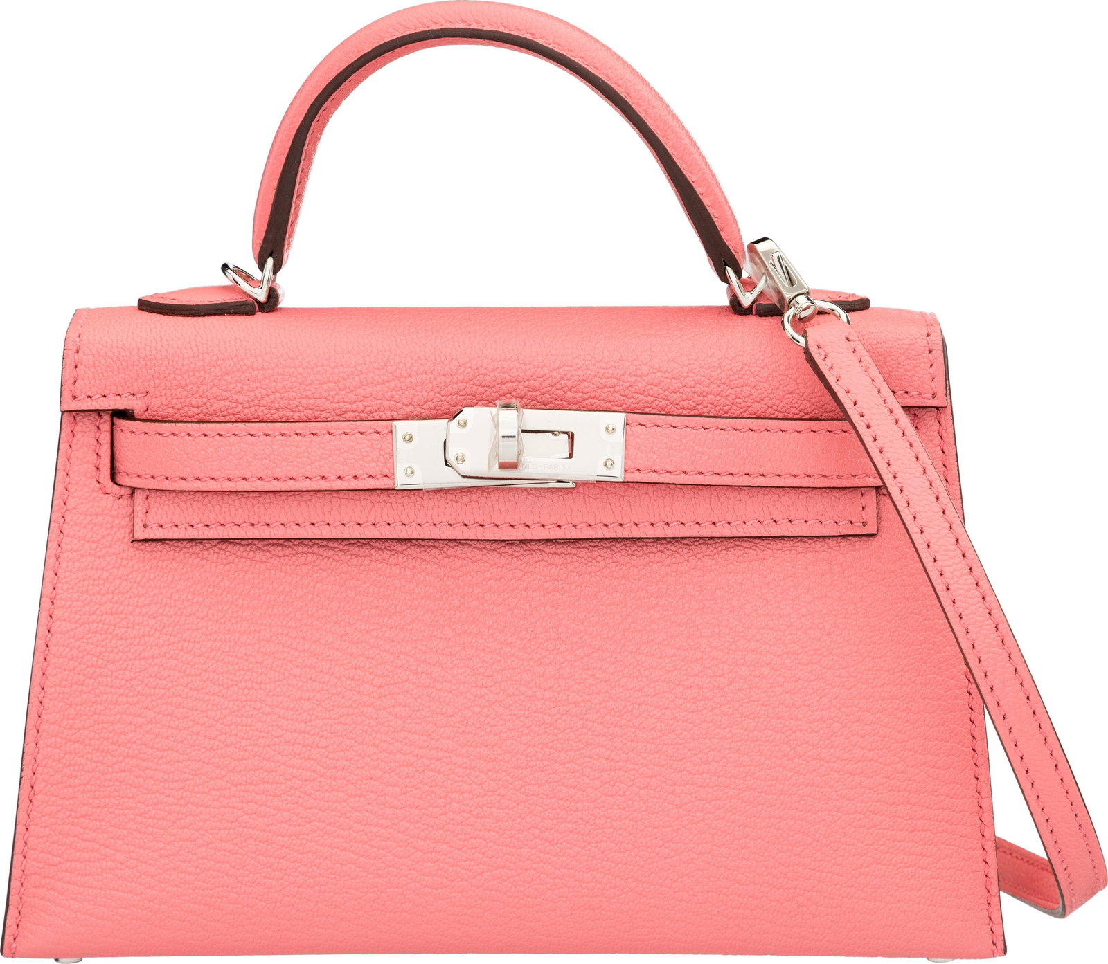 Hermès Limited Edition 20cm Rose d'Eté & Rouge: Hermès Limited Edition 20cm Rose d'Eté & Rouge Venetian Chevre Leather Verso Mini Kelly with Palladium Hardware B, 2023 Condition: 1 7.5" Width x 4.5" Heigh
