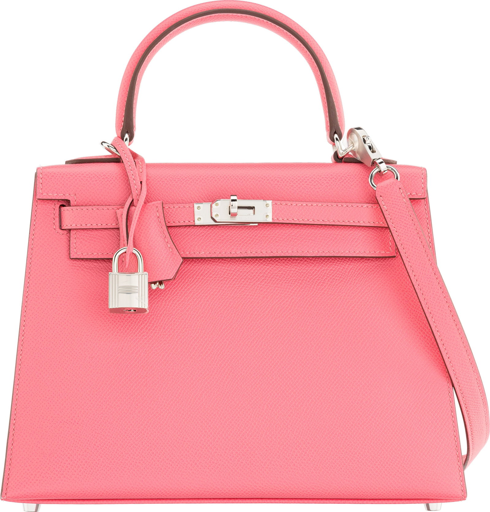 Hermès 25cm Rose Azalee Epsom Leather Kelly Sel: Hermès 25cm Rose Azalee Epsom Leather Kelly Sellier Bag with Palladium Hardware K, 2025 Condition: 1 9.5" Width x 7" Height x 3.5" Depth This bag is done in Rose Azale