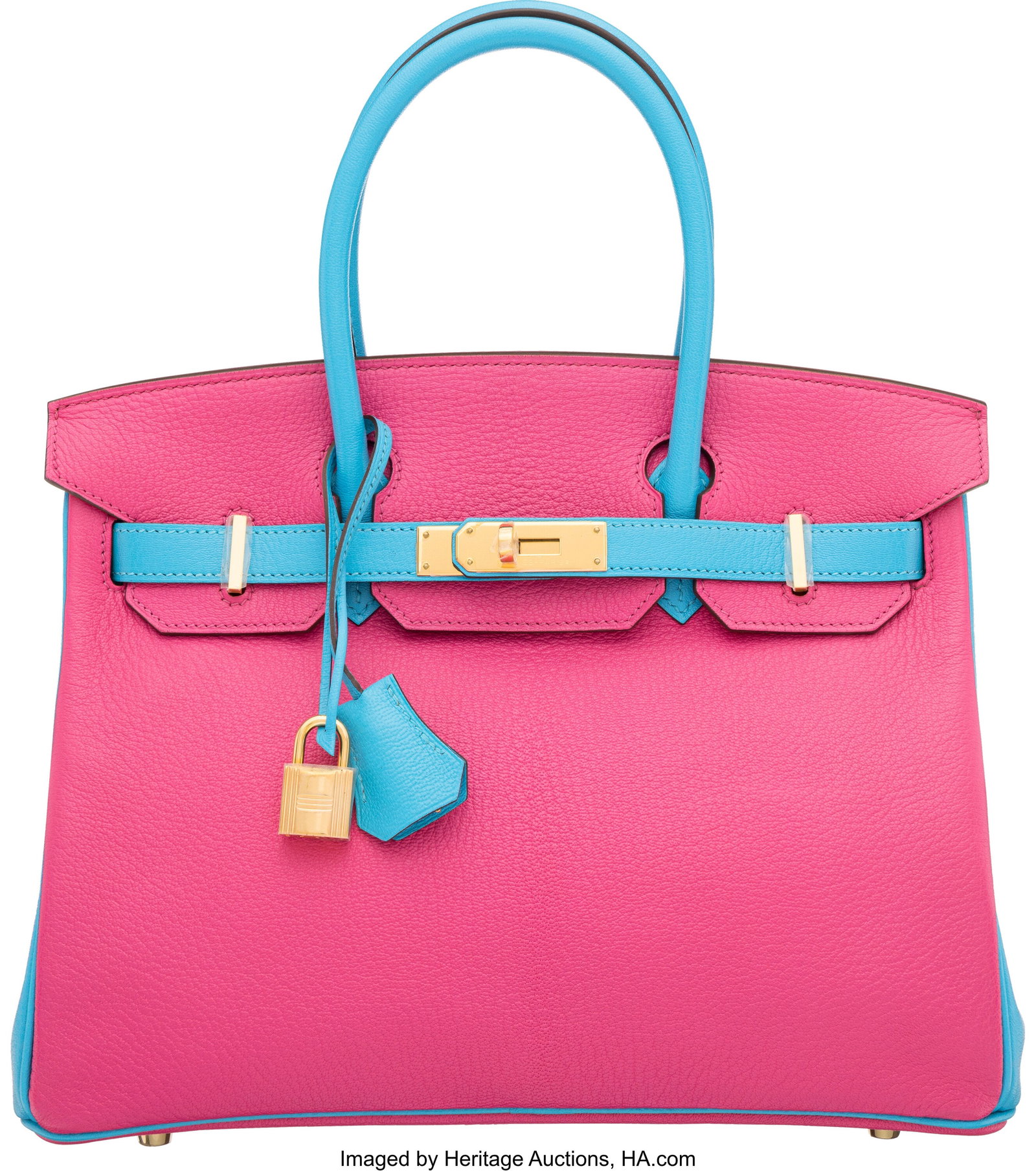 Hermès Special Order Horseshoe 30cm Rose Tyrien: Hermès Special Order Horseshoe 30cm Rose Tyrien & Bleu Aztec Birkin Bag with Gold Hardware Q Square, 2013 Condition: 2 11" Width x 8" Height x 6" Depth This bag is done in Rose 