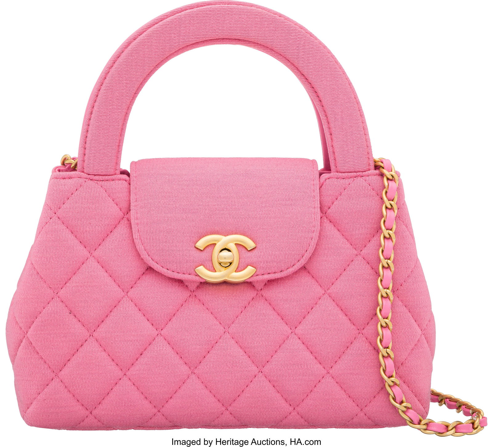 Chanel Pink Quilted Jersey Mini Kelly Shopper Ba: Chanel Pink Quilted Jersey Mini Kelly Shopper Bag with Brushed Gold Hardware Condition: 1 7.5" Width x 5" Height x 2.25" Depth This bag is done in Pink Jersey with Brushed Gold Har