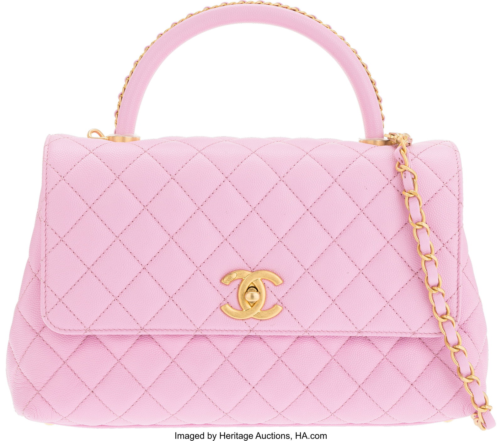 Chanel Pink Quilted Caviar Leather Small Coco Ha: Chanel Pink Quilted Caviar Leather Small Coco Handle Flap Bag with Aged Gold Hardware Condition: 2 9.25" Width x 5.5" Height x 3.25" Depth This bag is done in Pink Caviar Le