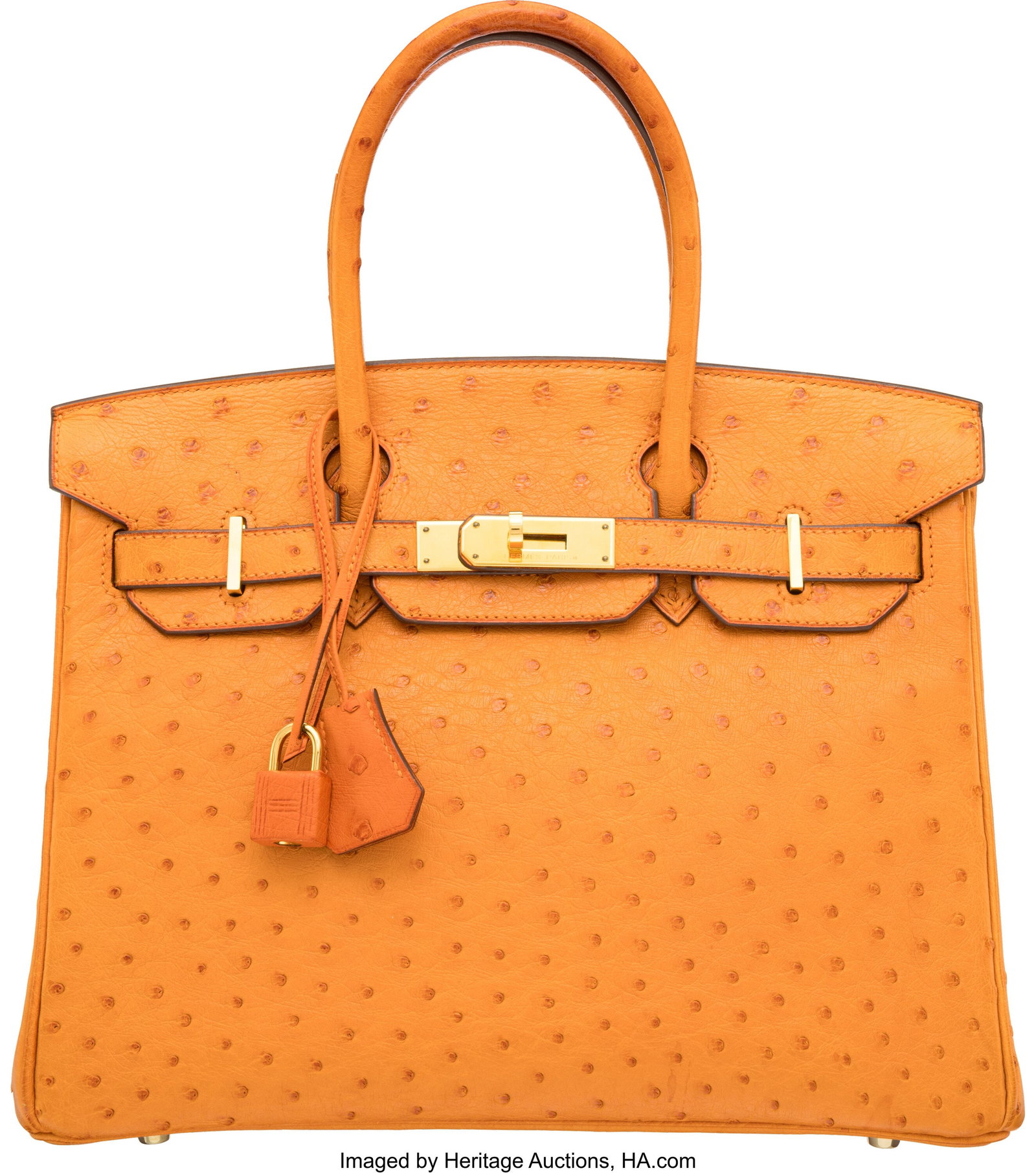 Hermès 30cm Tangerine Ostrich Birkin Bag with G: Hermès 30cm Tangerine Ostrich Birkin Bag with Gold Hardware K Square, 2007 Condition: 3 12" Width x 8.5" Height x 6" Depth This bag is done in Tangerine Ostrich with Gold Har