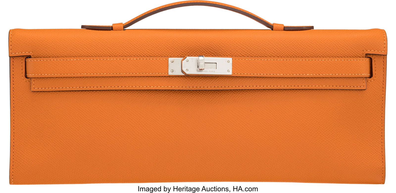 Hermès Orange Epsom Leather Kelly Cut Clutch wi: Hermès Orange Epsom Leather Kelly Cut Clutch with Palladium Hardware R Square, 2014 Condition: 2 12" Width x 5" Height x 1" Depth This bag is done in Orange Epsom Leather with Palla