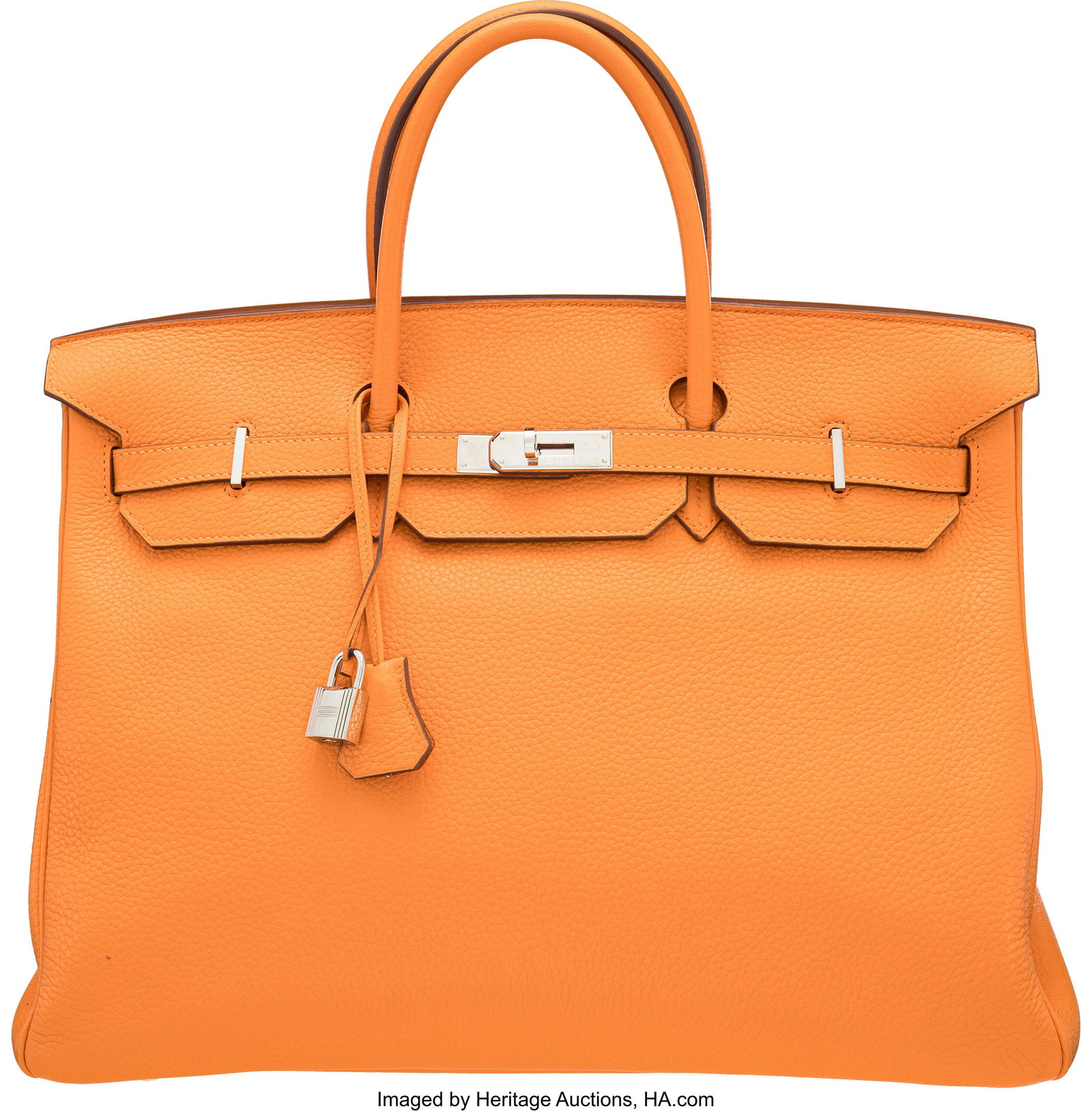 Hermès 40cm Orange Clemence Leather Birkin Bag : Hermès 40cm Orange Clemence Leather Birkin Bag with Palladium Hardware M Square, 2009 Condition: 2 15.5" Width x 11" Height x 8" Depth This bag is done in Orange Clemence