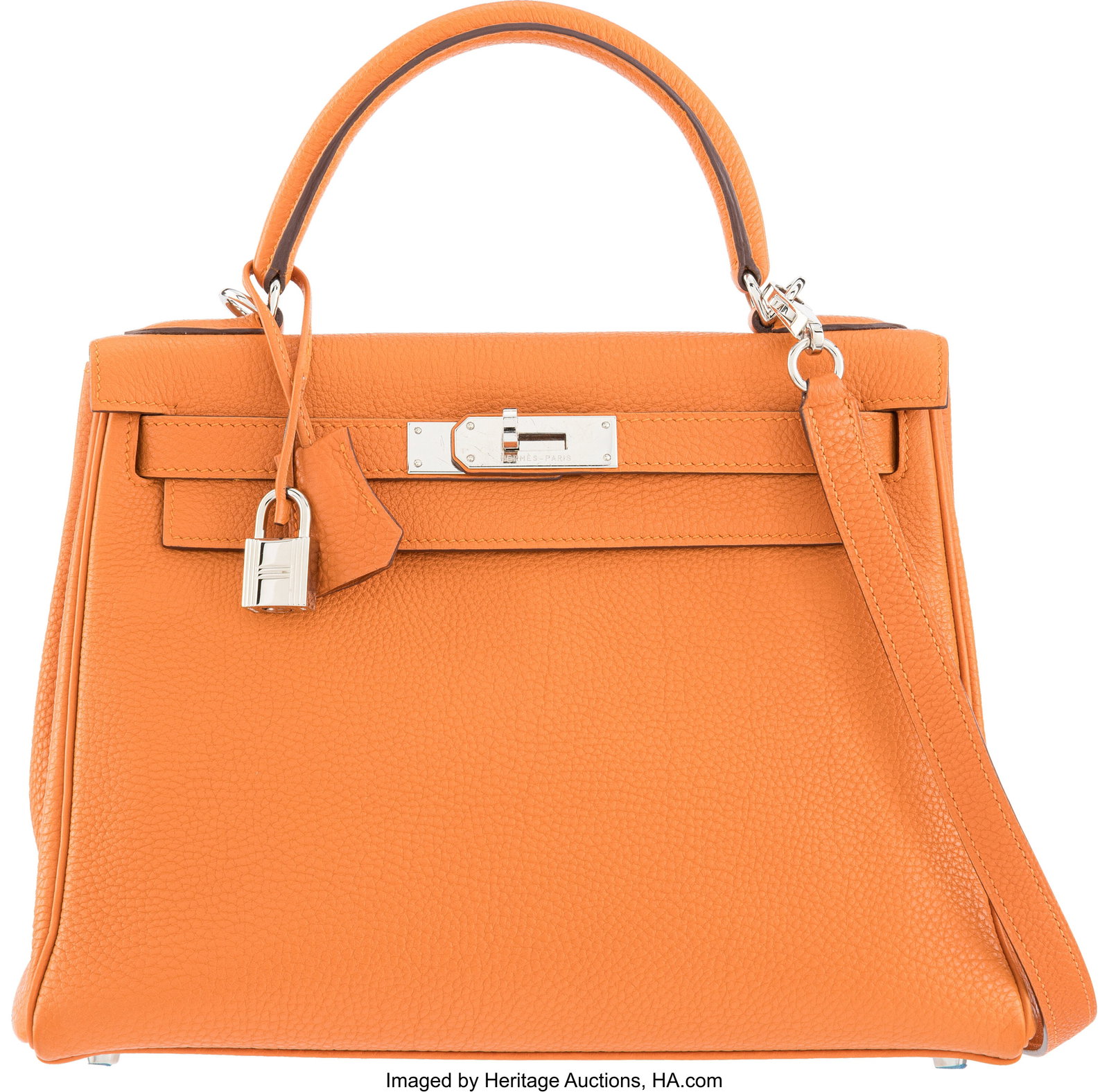 Hermès 28cm Orange Togo Leather Kelly Retourne : Hermès 28cm Orange Togo Leather Kelly Retourne Bag with Palladium Hardware K Square, 2007 Condition: 2 11.5" Width x 8.25" Height x 4" Depth This bag is done in