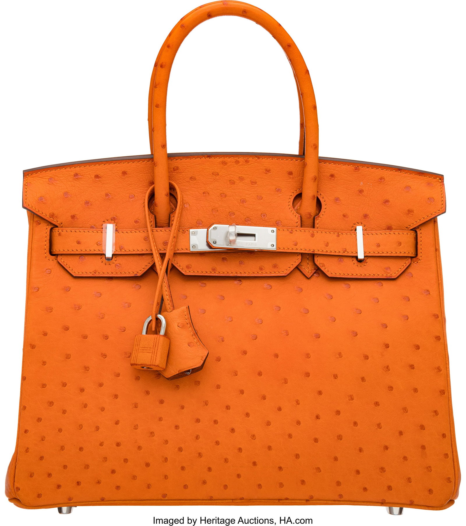 Hermès 30cm Orange Ostrich Birkin Bag with Pall: Hermès 30cm Orange Ostrich Birkin Bag with Palladium Hardware O Square, 2011 Condition: 2 12" Width x 8.5" Height x 6" Depth This bag is done in Orange Ostrich with
