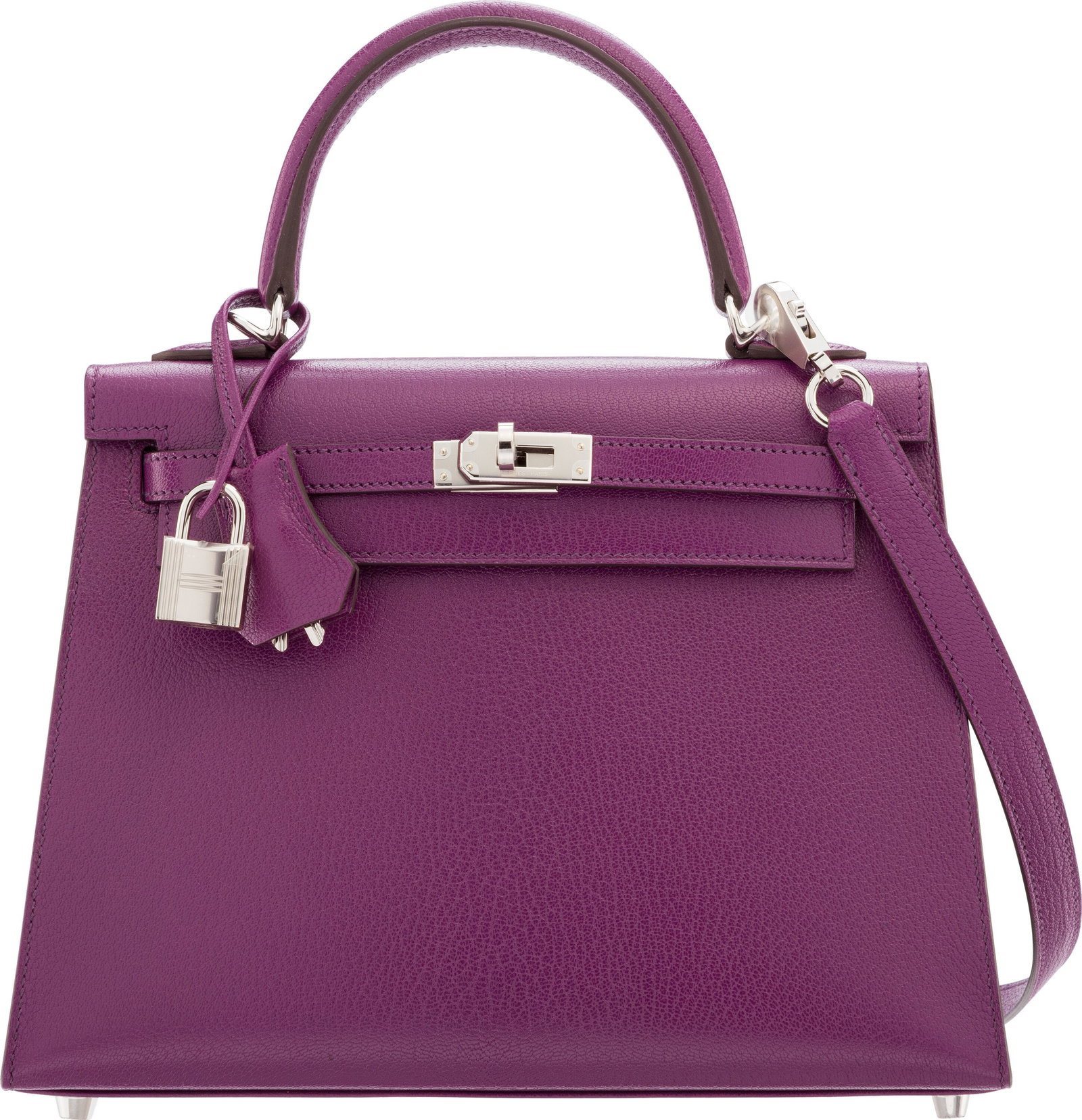 Hermès 25cm Anemone Chevre Leather Kelly Sellie: Hermès 25cm Anemone Chevre Leather Kelly Sellier Bag with Palladium Hardware K, 2025 Condition: 1 9.5" Width x 7" Height x 3.5" Depth This bag is done in Anemone