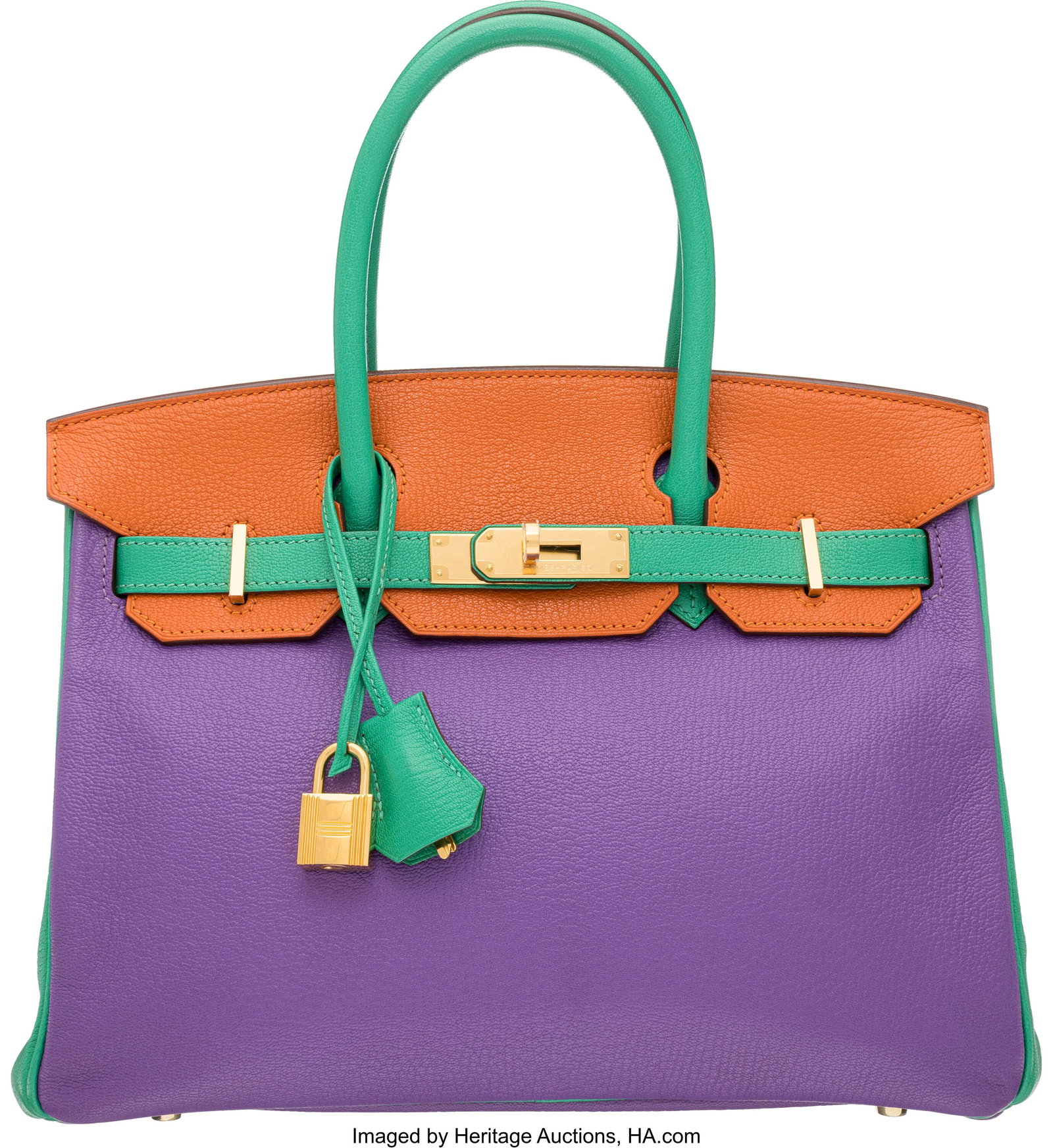 Hermès Special Order Horseshoe 30cm Menthe, Par: Hermès Special Order Horseshoe 30cm Menthe, Parme, & Orange Chevre Leather Birkin Bag with Gold Hardware P Square, 2012 Condition: 2 11.5" Width x 8.5"